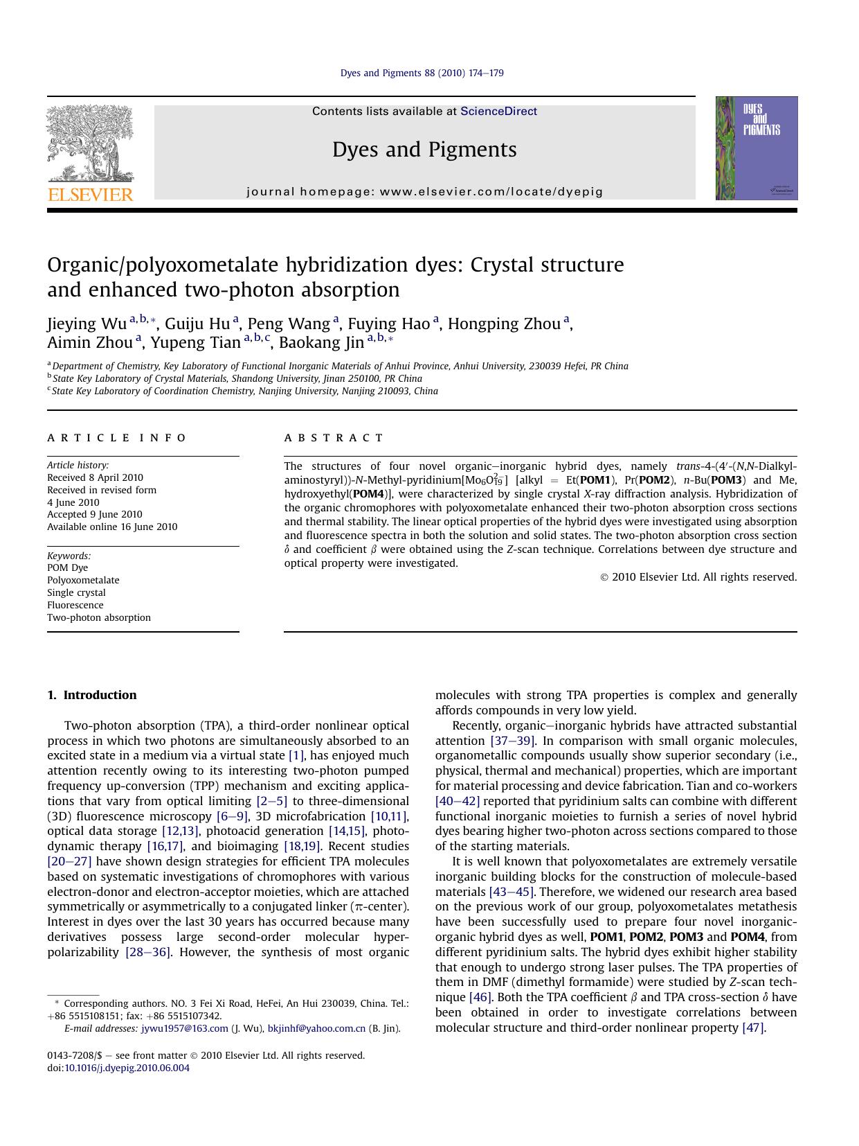 Organicpolyoxometalate hybridization dyes: Crystal structure and enhanced two-photon absorption by unknow