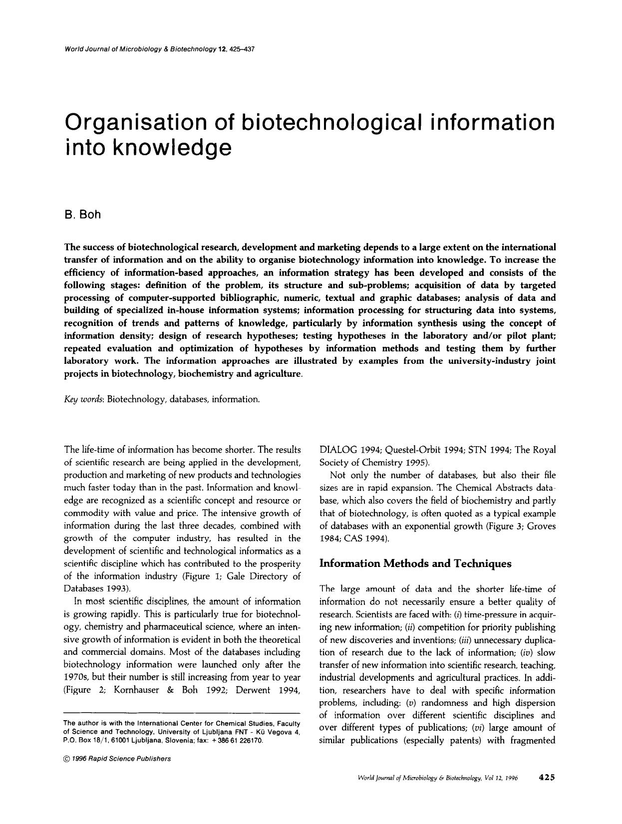 Organisation of biotechnological information into knowledge by Unknown