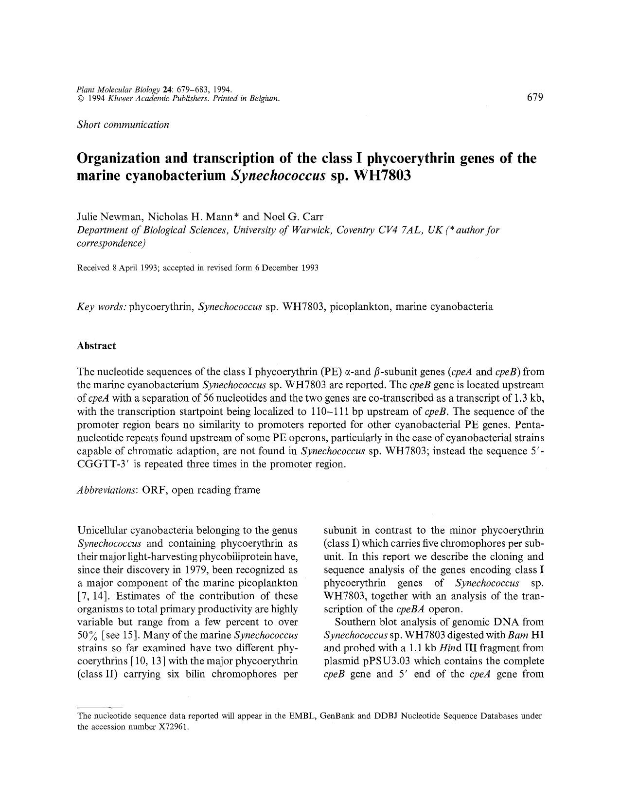 Organization and transcription of the class I phycoerythrin genes of the marine cyanobacterium <Emphasis Type="Italic">Synechococcus <Emphasis> sp. WH7803 by Unknown