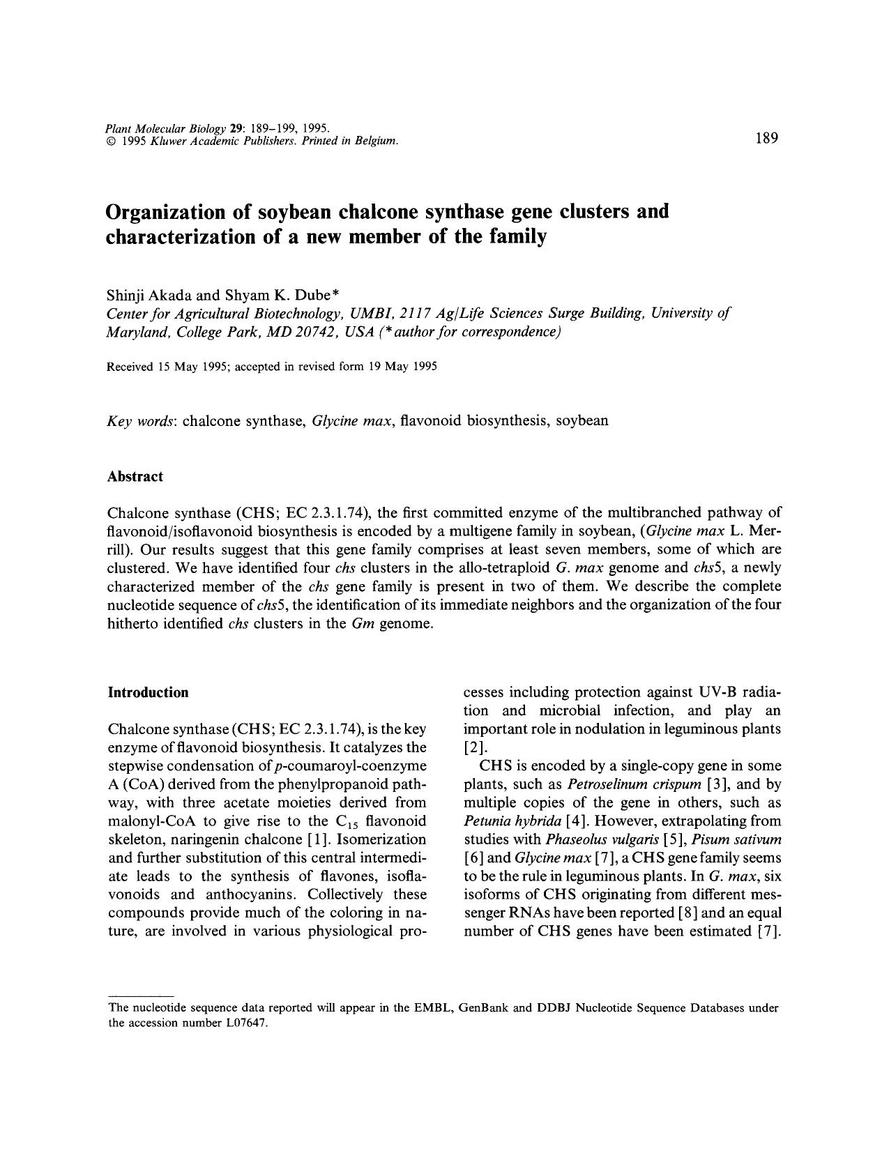 Organization of soybean chalcone synthase gene clusters and characterization of a new member of the family by Unknown