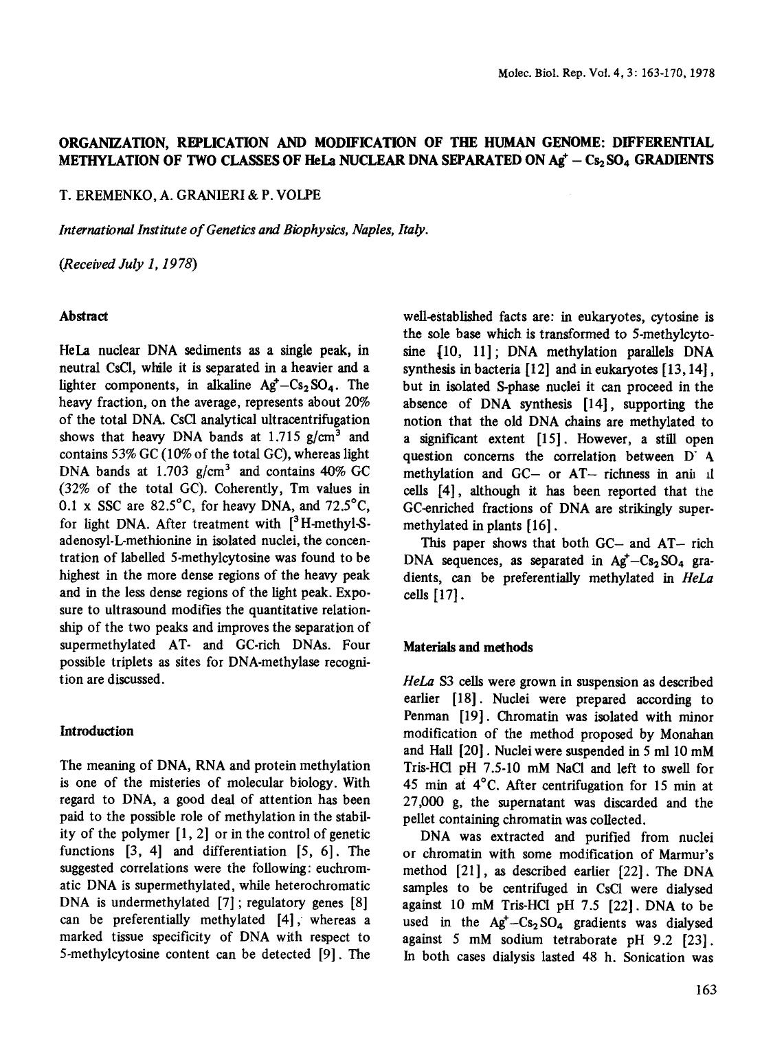 Organization, replication and modification of the human genome: Differential methylation of two classes of HeLa nuclear DNA separated on Ag <Superscript>+ <Superscript>&#x2212;Cs < by Unknown