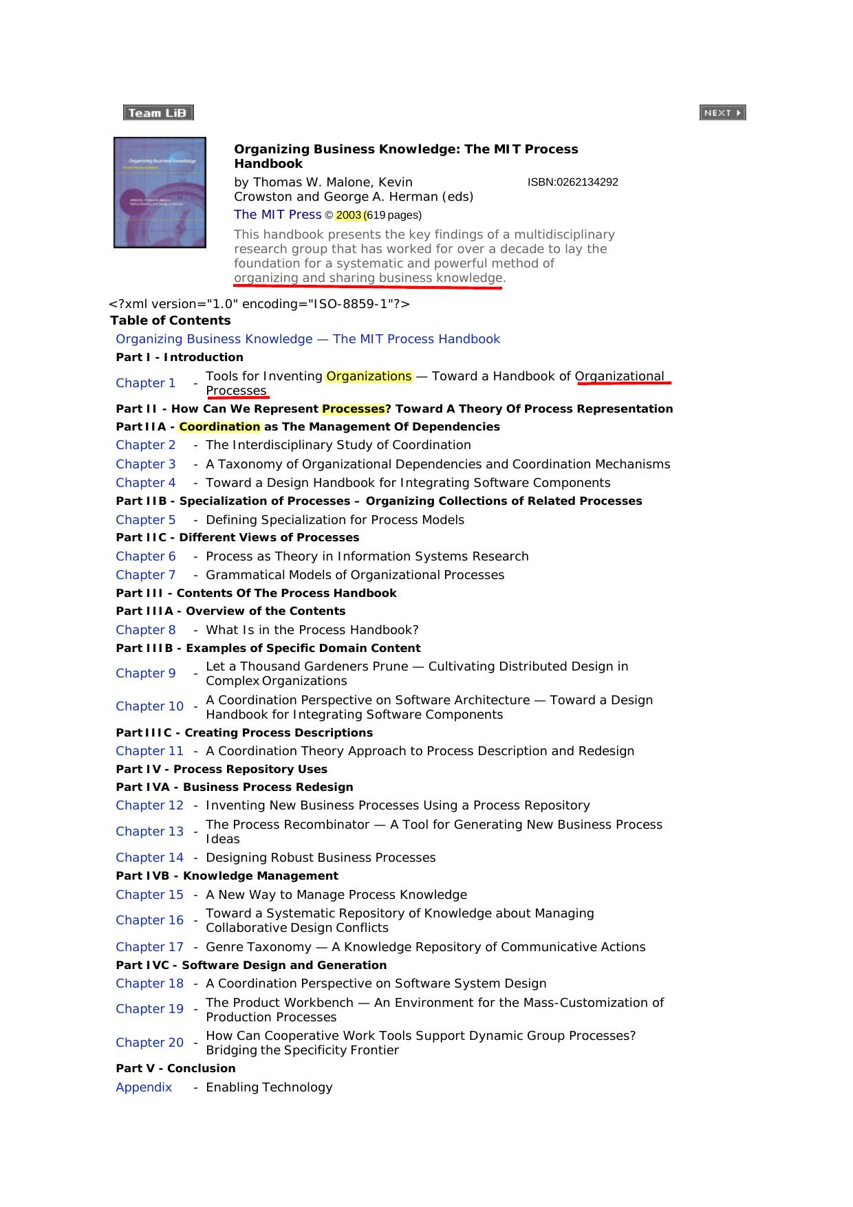 Organizing Business Knowledge: The MIT Process Handbook by Thomas W. Malone Kevin Crowston George A. Herman