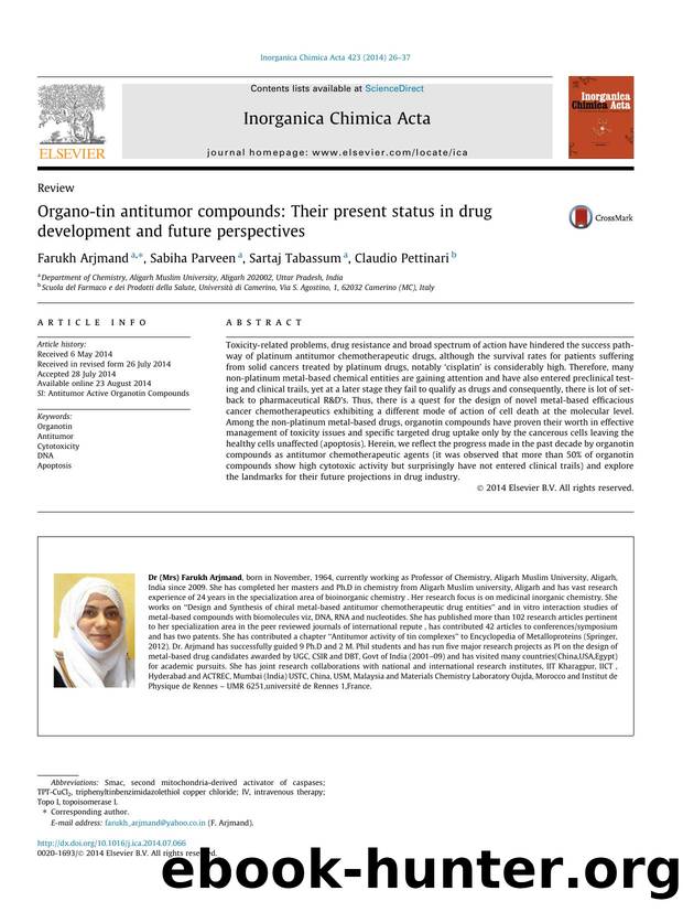 Organo-tin antitumor compounds: Their present status in drug development and future perspectives by Farukh Arjmand & Sabiha Parveen & Sartaj Tabassum & Claudio Pettinari