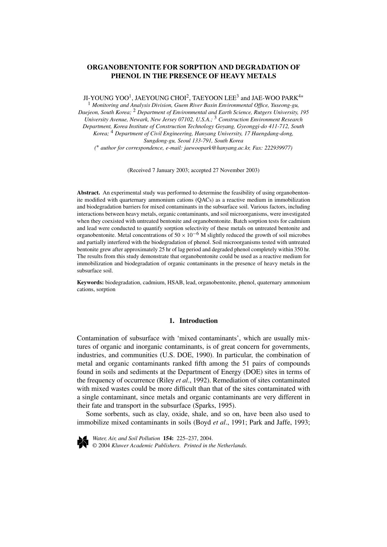 Organobentonite for Sorption and Degradation of Phenol in the Presence of Heavy Metals by Unknown