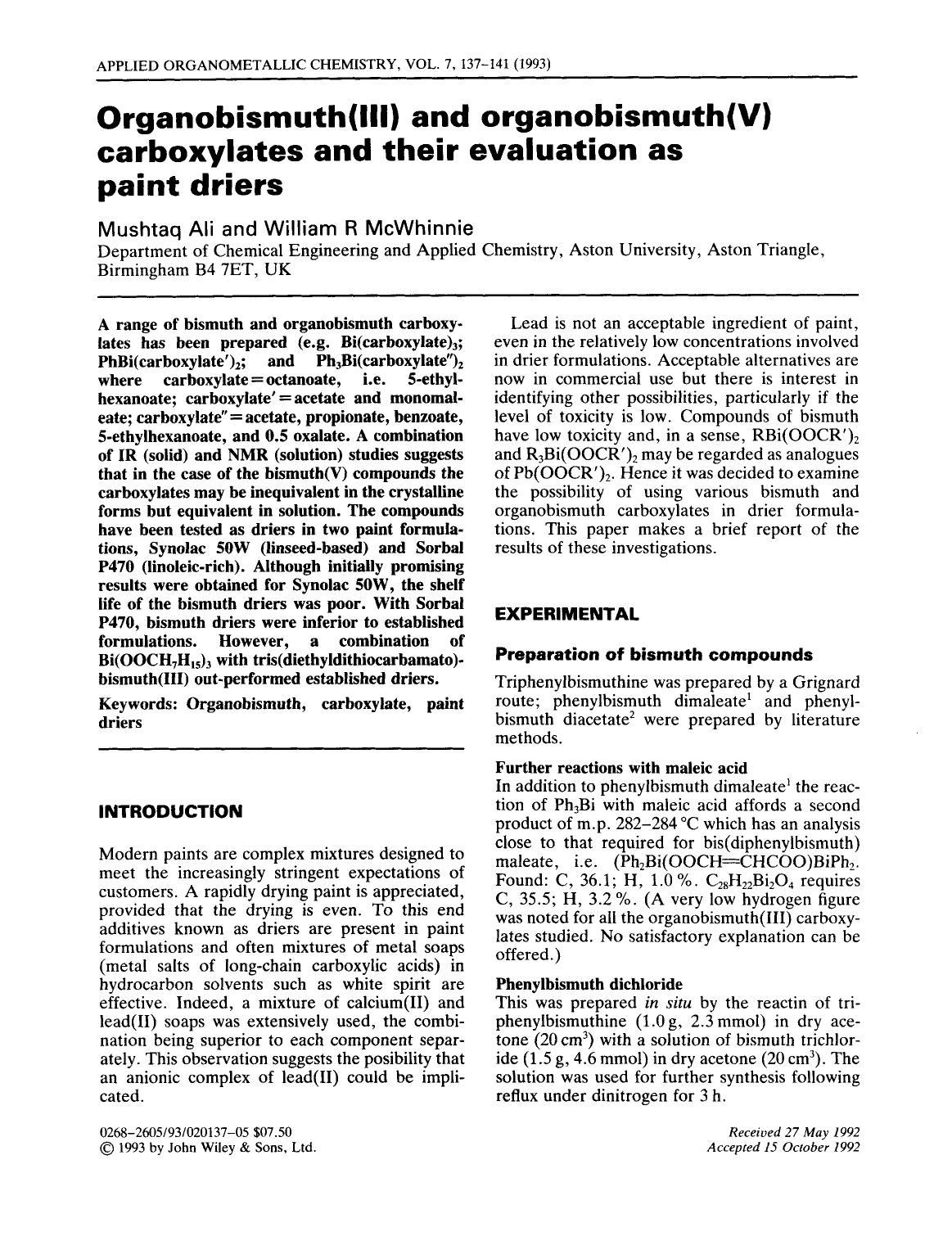 Organobismuth(III) and organobismuth(V) carboxylates and their evaluation as paint driers by Unknown