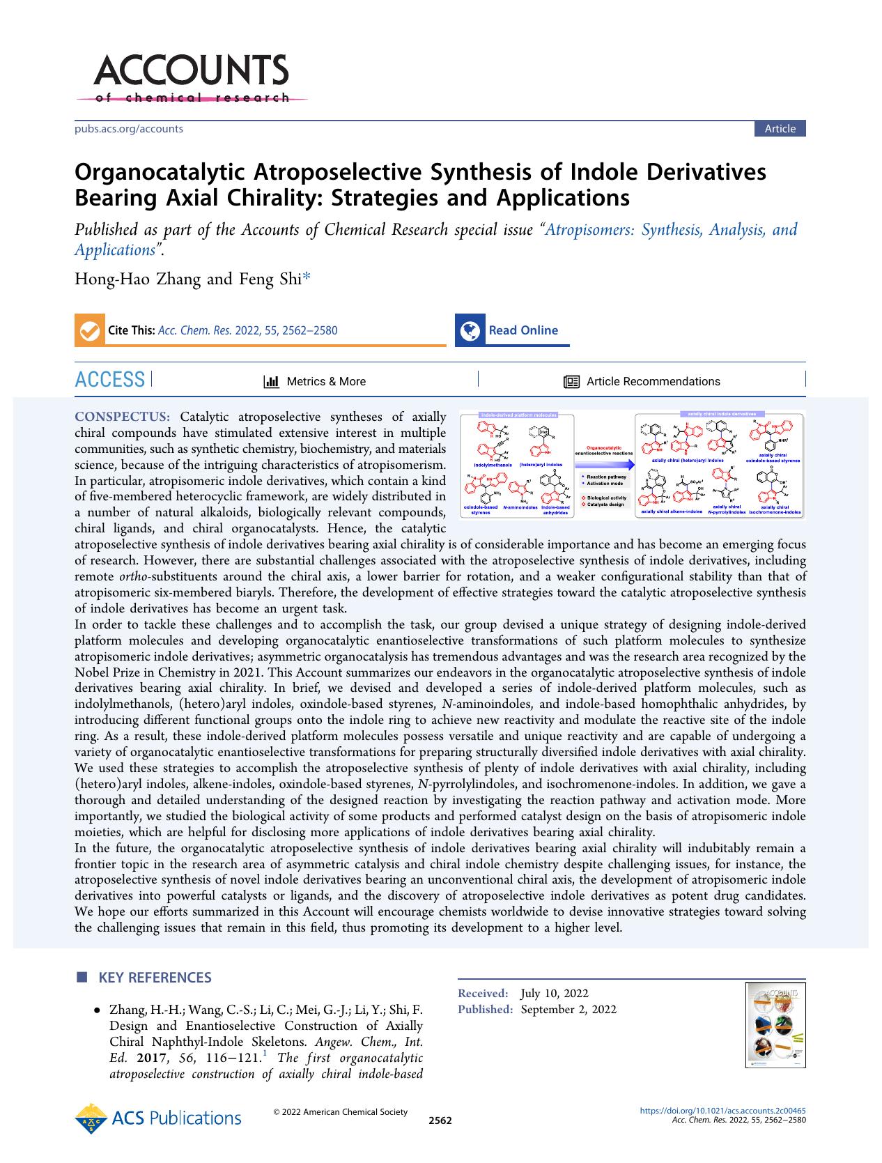 Organocatalytic Atroposelective Synthesis of Indole Derivatives Bearing Axial Chirality: Strategies and Applications by Hong-Hao Zhang and Feng Shi