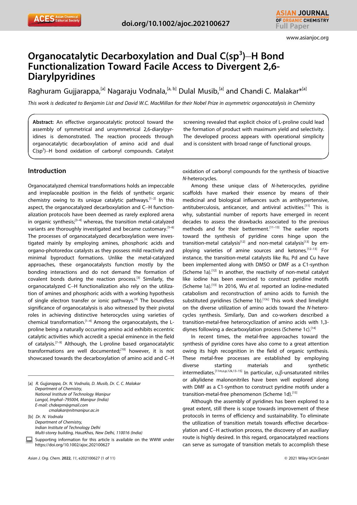 Organocatalytic Decarboxylation and Dual C(sp3)âH Bond Functionalization Toward Facile Access to Divergent 2,6âDiarylpyridines by Unknown