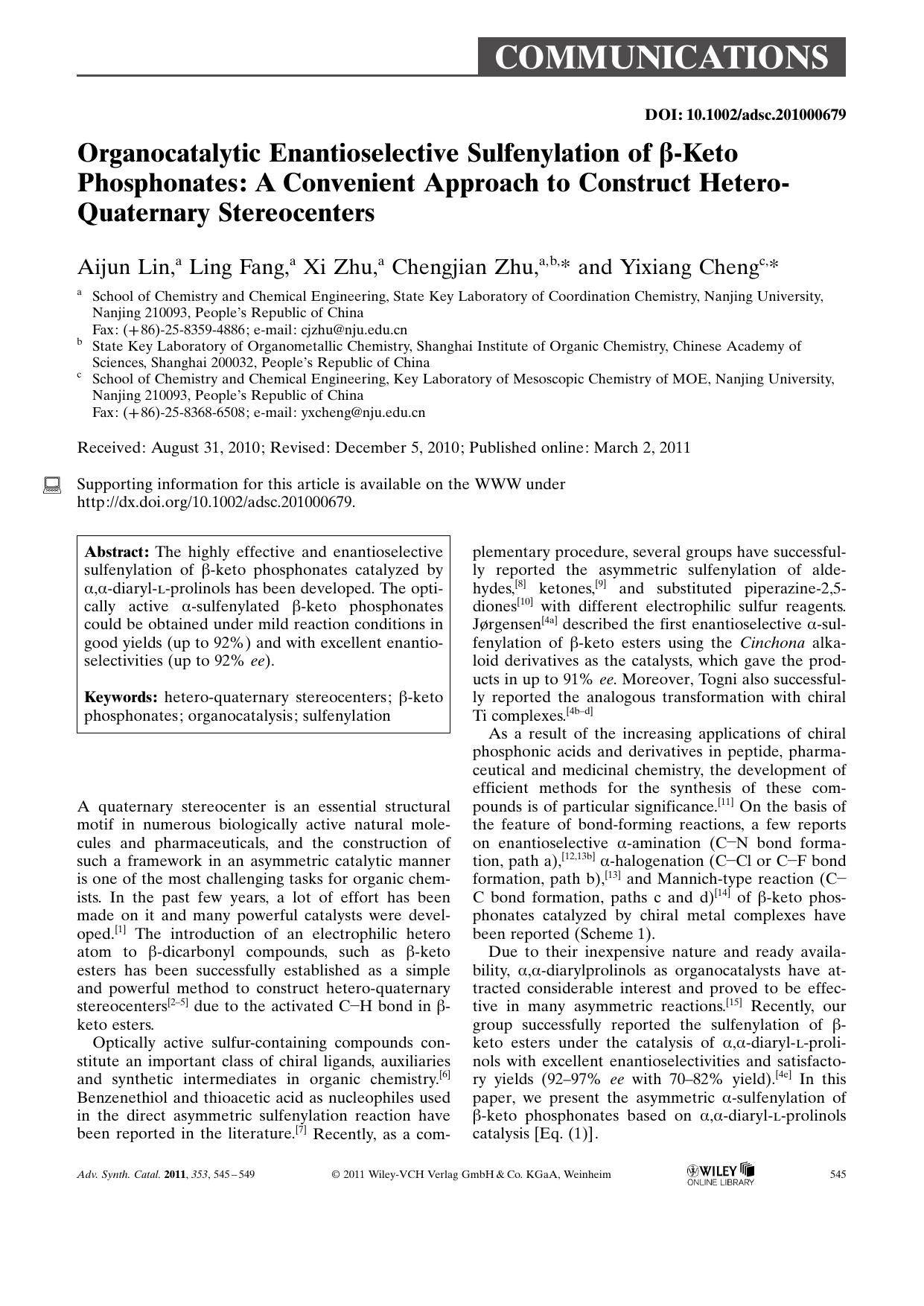 Organocatalytic Enantioselective Sulfenylation of Keto Phosphonates: A Convenient Approach to Construct Hetero Quaternary Stereocenters by Unknown