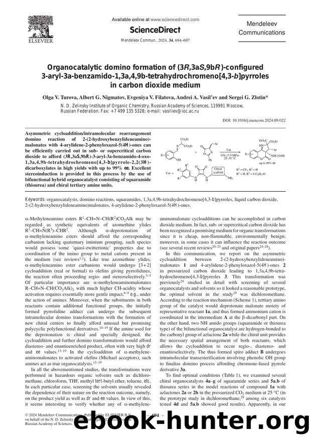 Organocatalytic domino formation of (3R,3aS,9bR)-configured 3-aryl-3a-benzamido-1,3a,4,9b-tetrahydrochromeno[4,3-b]pyrroles in carbon dioxide medium by Olga V. Turova & Albert G. Nigmatov & Evgeniya V. Filatova & Andrei A. Vasil’ev & Sergei G. Zlotin