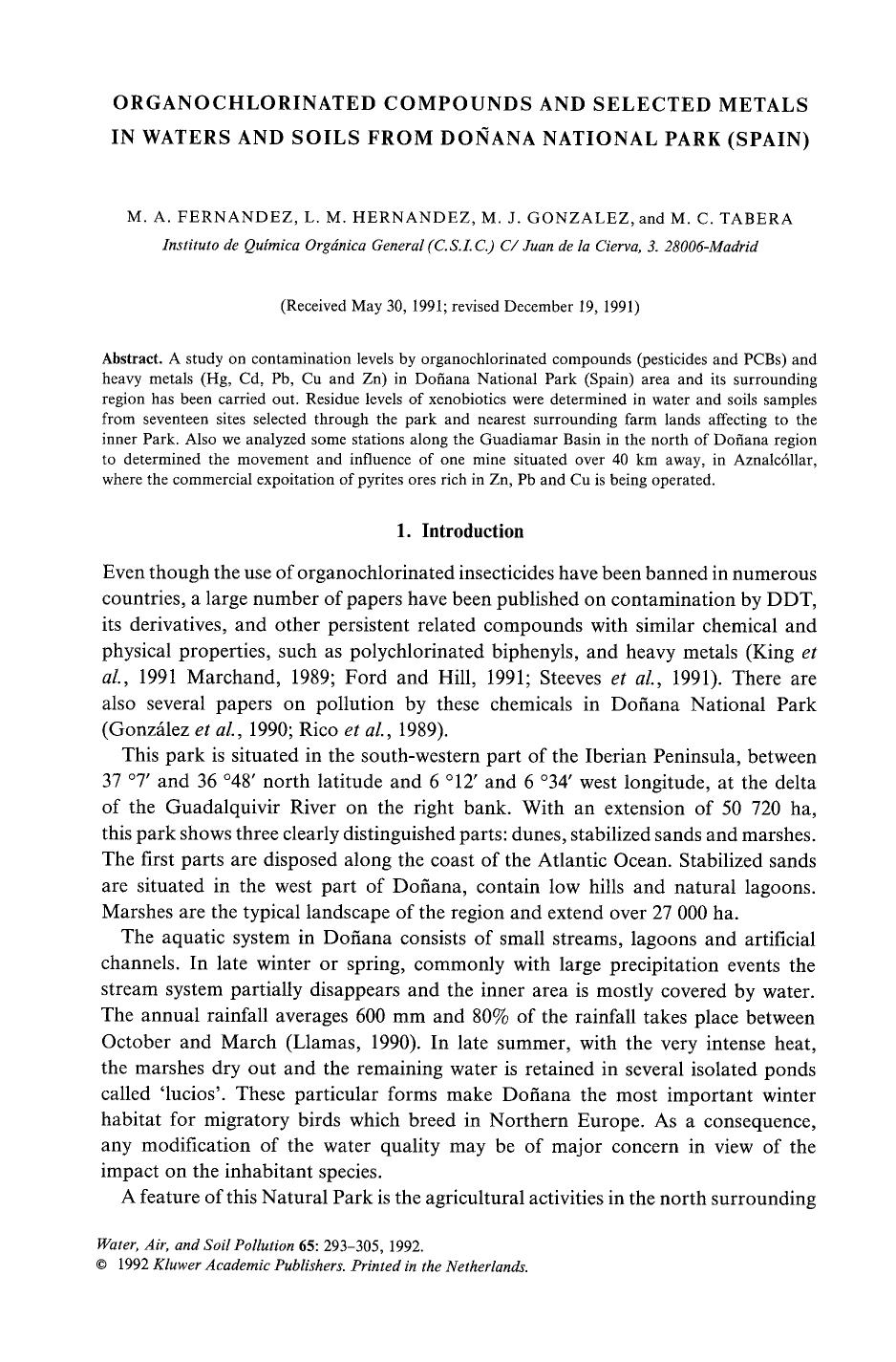 Organochlorinated compounds and selected metals in waters and soils from Doñana National Park (Spain) by Unknown