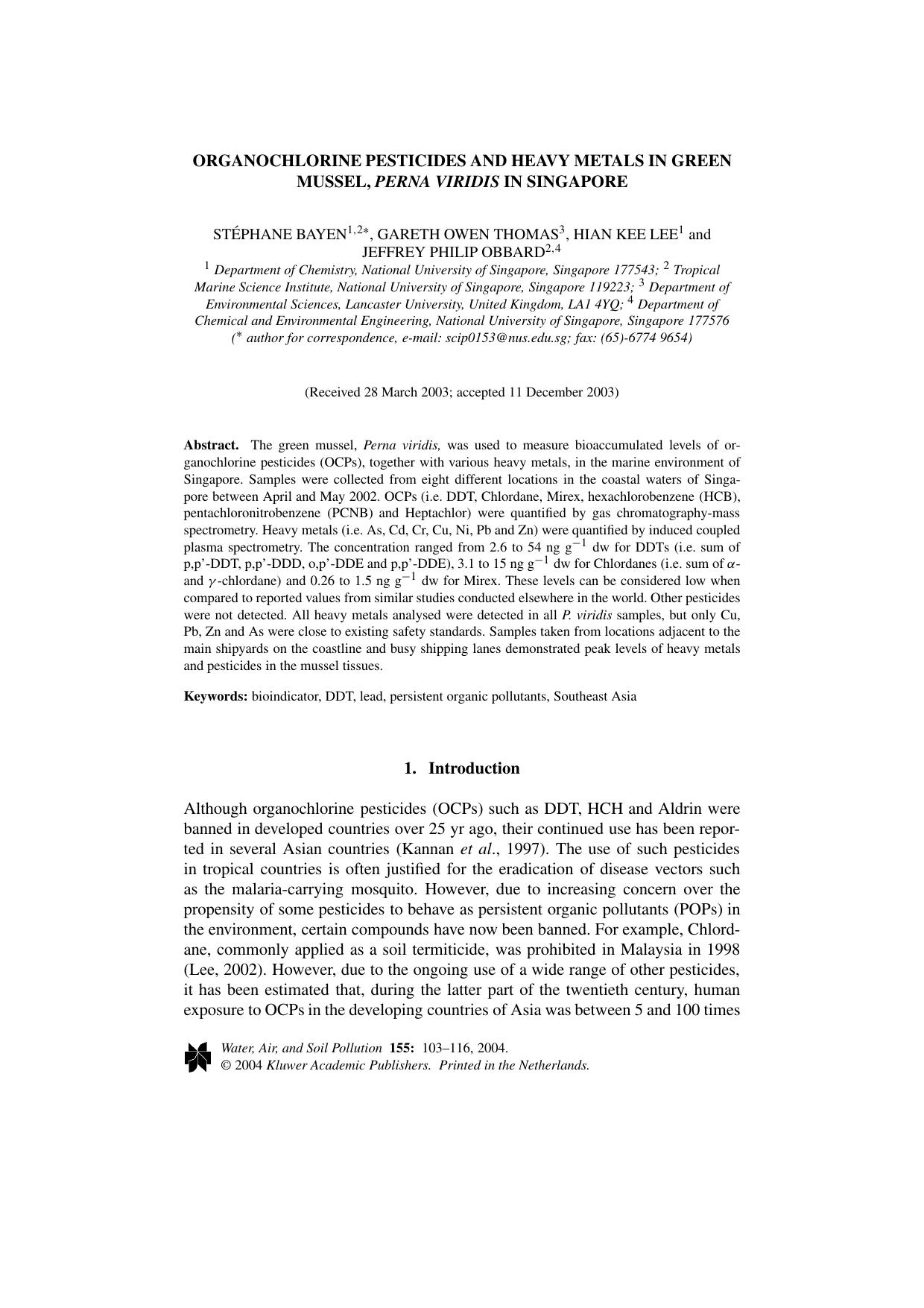 Organochlorine Pesticides and Heavy Metals in Green Mussel, <Emphasis Type="Italic">Perna Viridis<Emphasis> in Singapore by Unknown