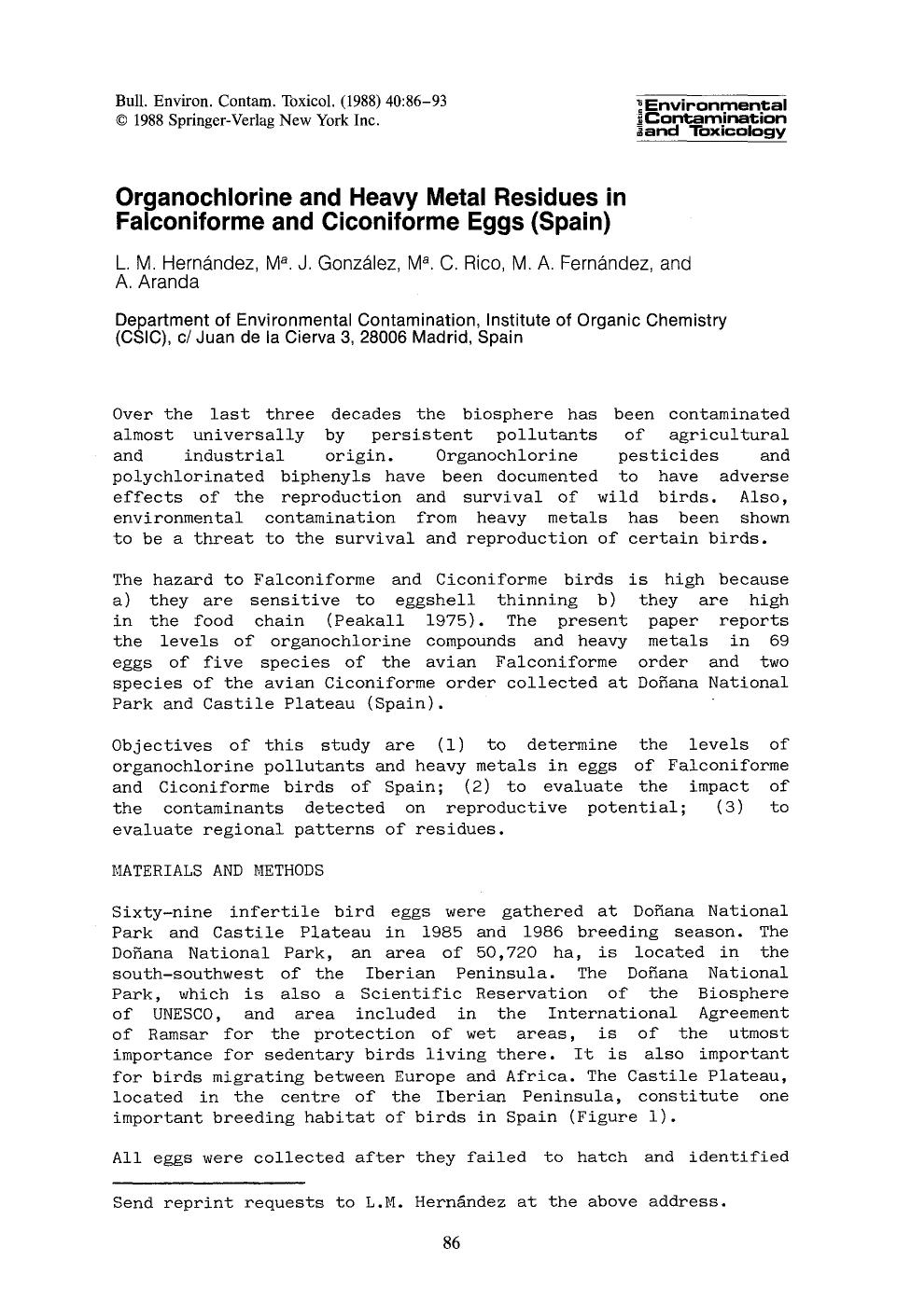 Organochlorine and heavy metal residues in Falconiforme and Ciconiforme eggs (Spain) by Unknown