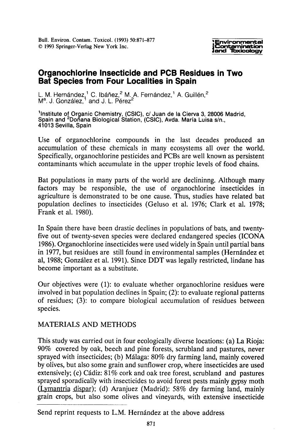 Organochlorine insecticide and PCB residues in two bat species from four localities in Spain by Unknown