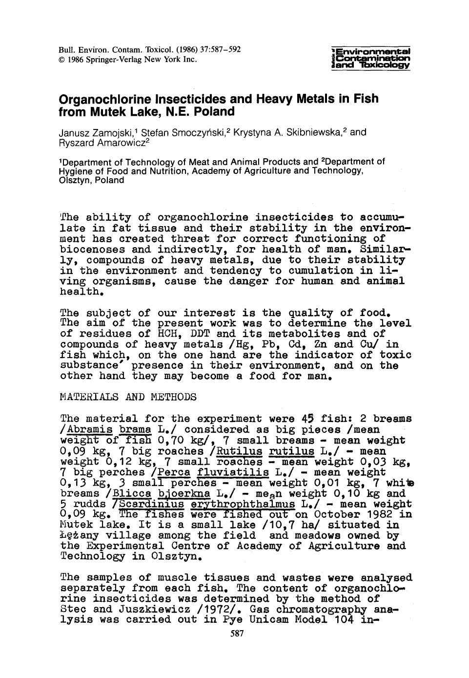 Organochlorine insecticides and heavy metals in fish from Mutek Lake, N.E. Poland by Unknown