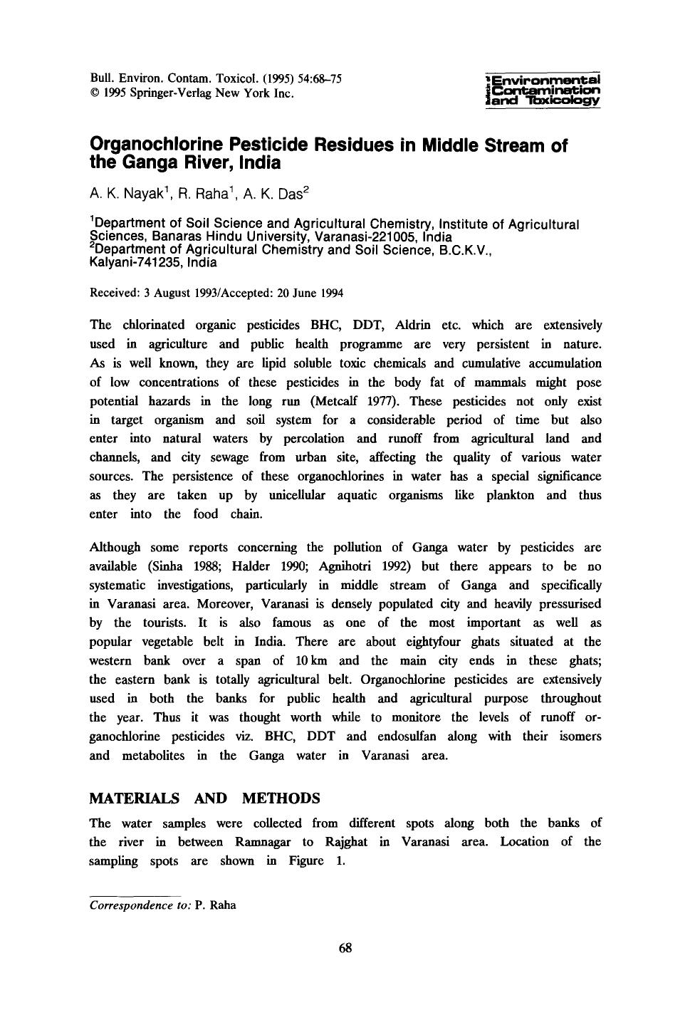 Organochlorine pesticide residues in middle stream of the Ganga river, India by Unknown