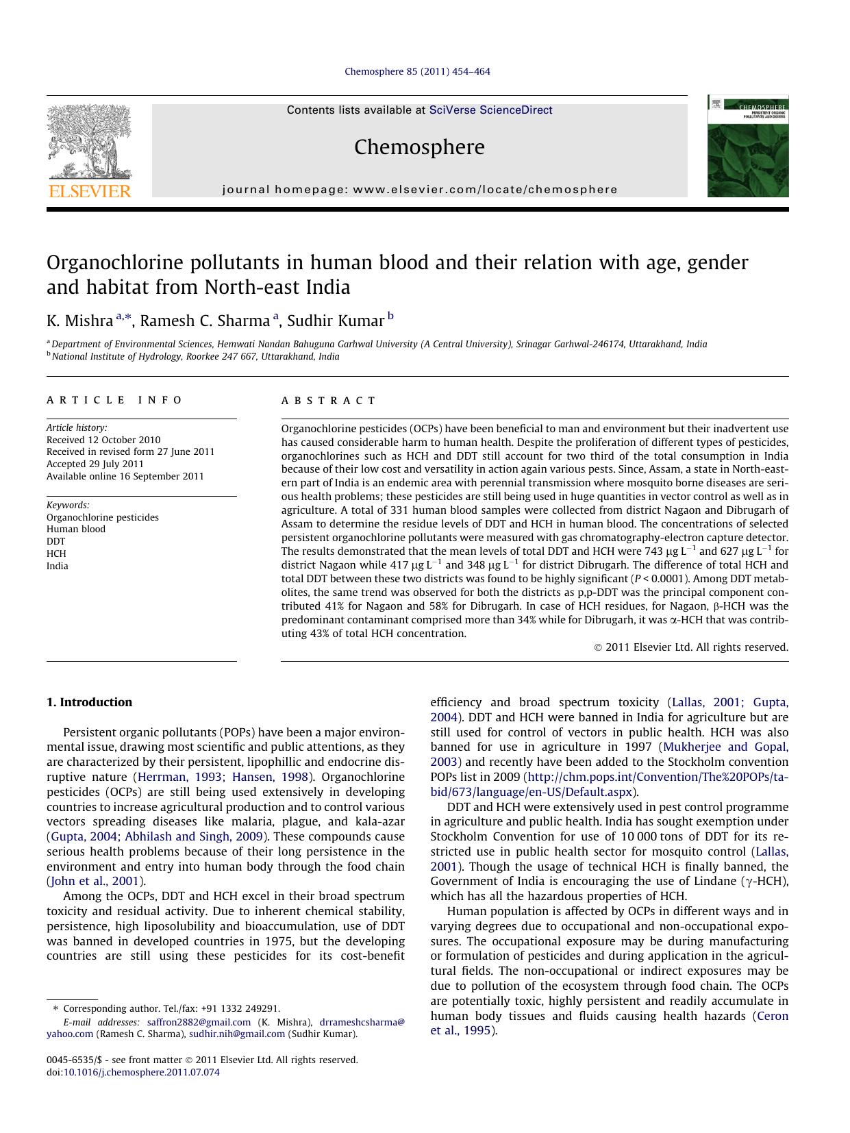 Organochlorine pollutants in human blood and their relation with age, gender and habitat from North-east India by K. Mishra & Ramesh C. Sharma & Sudhir Kumar