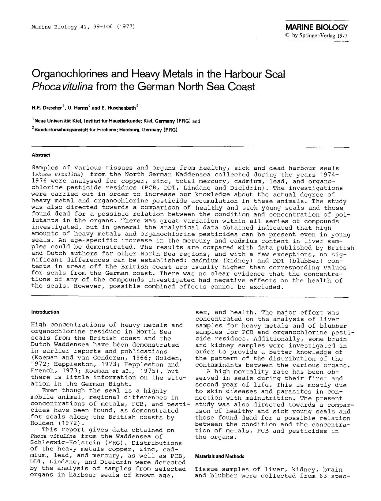 Organochlorines and heavy metals in the harbour seal <Emphasis Type="Italic">Phoca vitulina<Emphasis> from the German North Sea Coast by Unknown