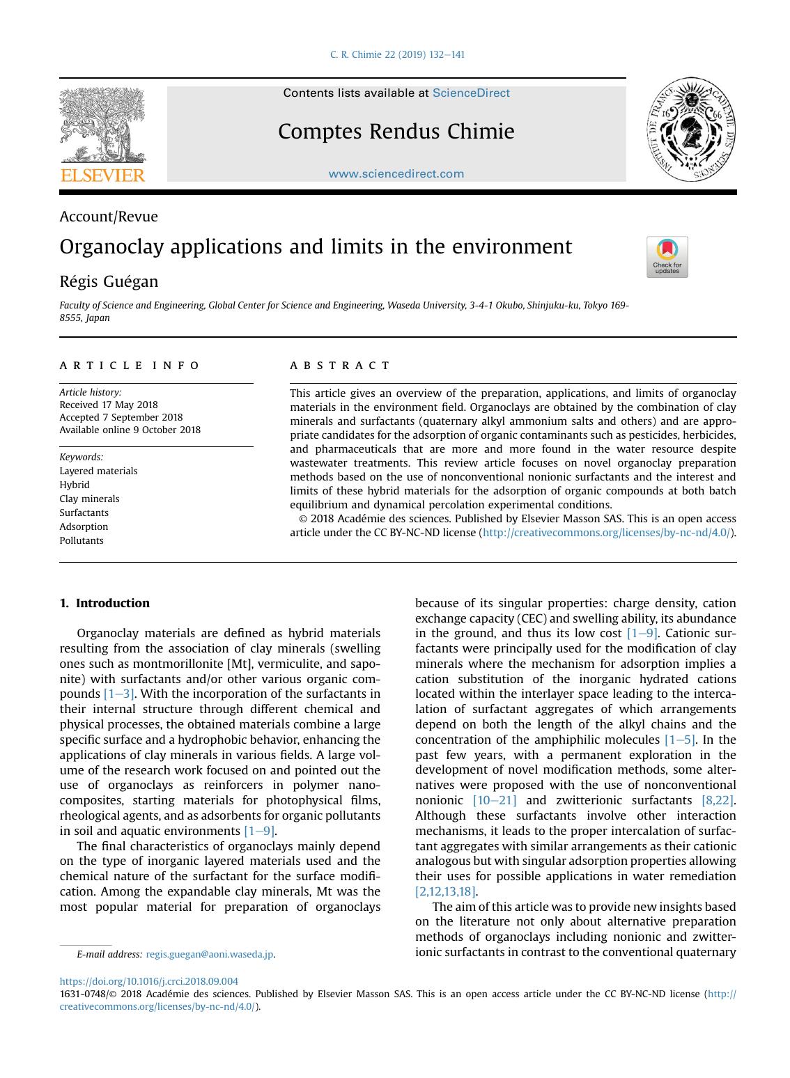 Organoclay applications and limits in the environment by Régis Guégan