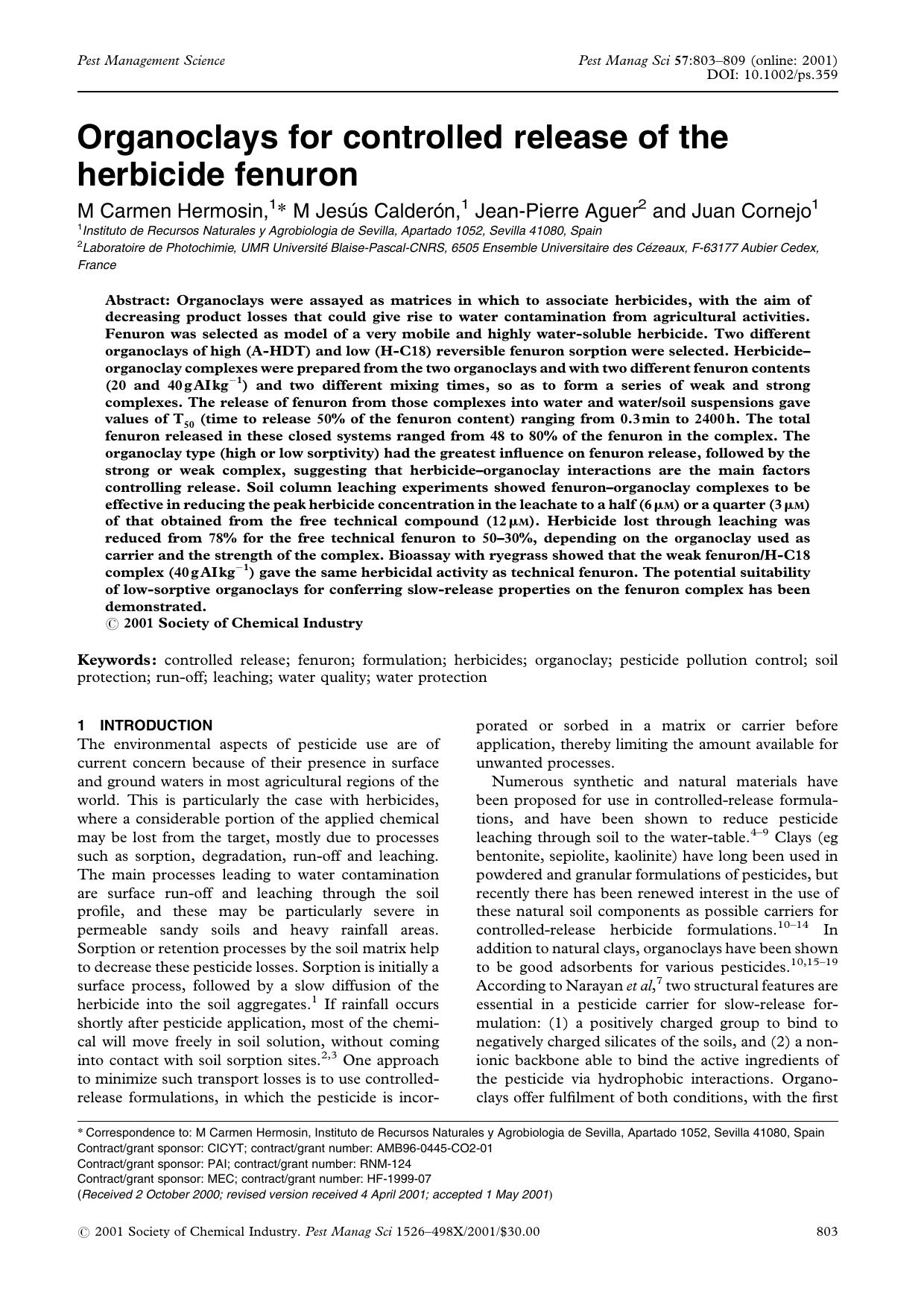 Organoclays for controlled release of the herbicide fenuron by Unknown
