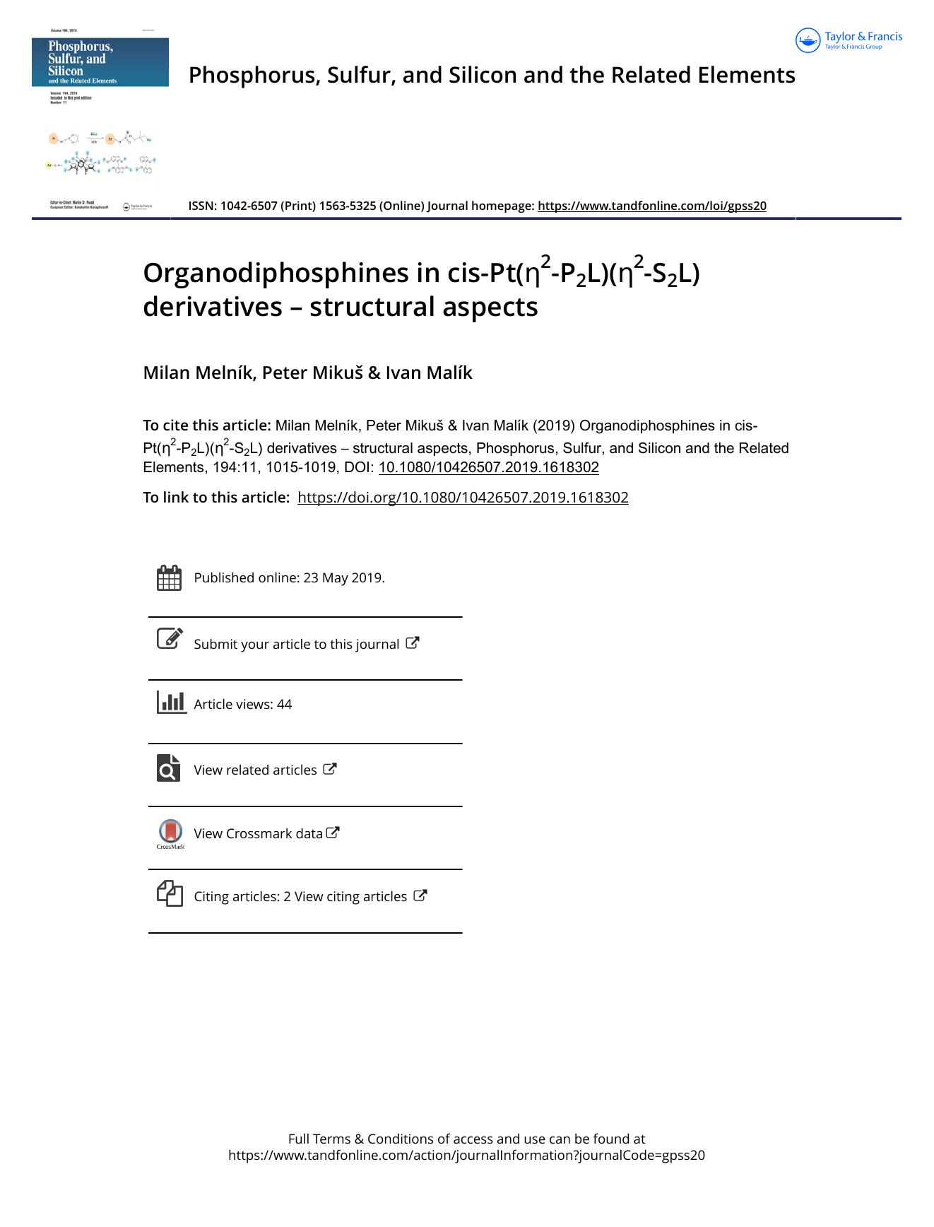 Organodiphosphines in cis-Pt(Î·2-P2L)(Î·2-S2L) derivatives â structural aspects by Melník Milan & Mikuš Peter & Malík Ivan