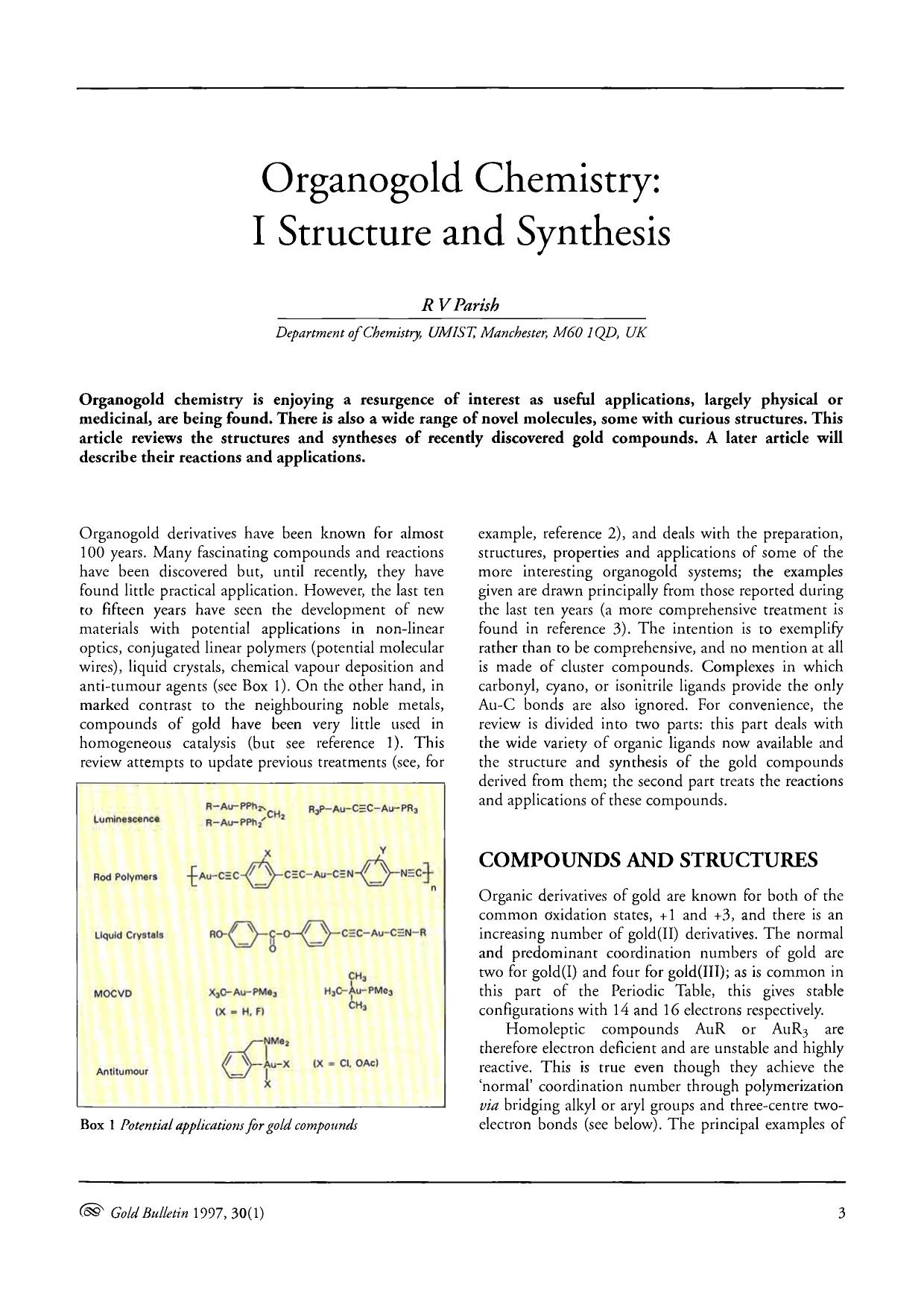 Organogold chemistry: I structure and synthesis by Unknown