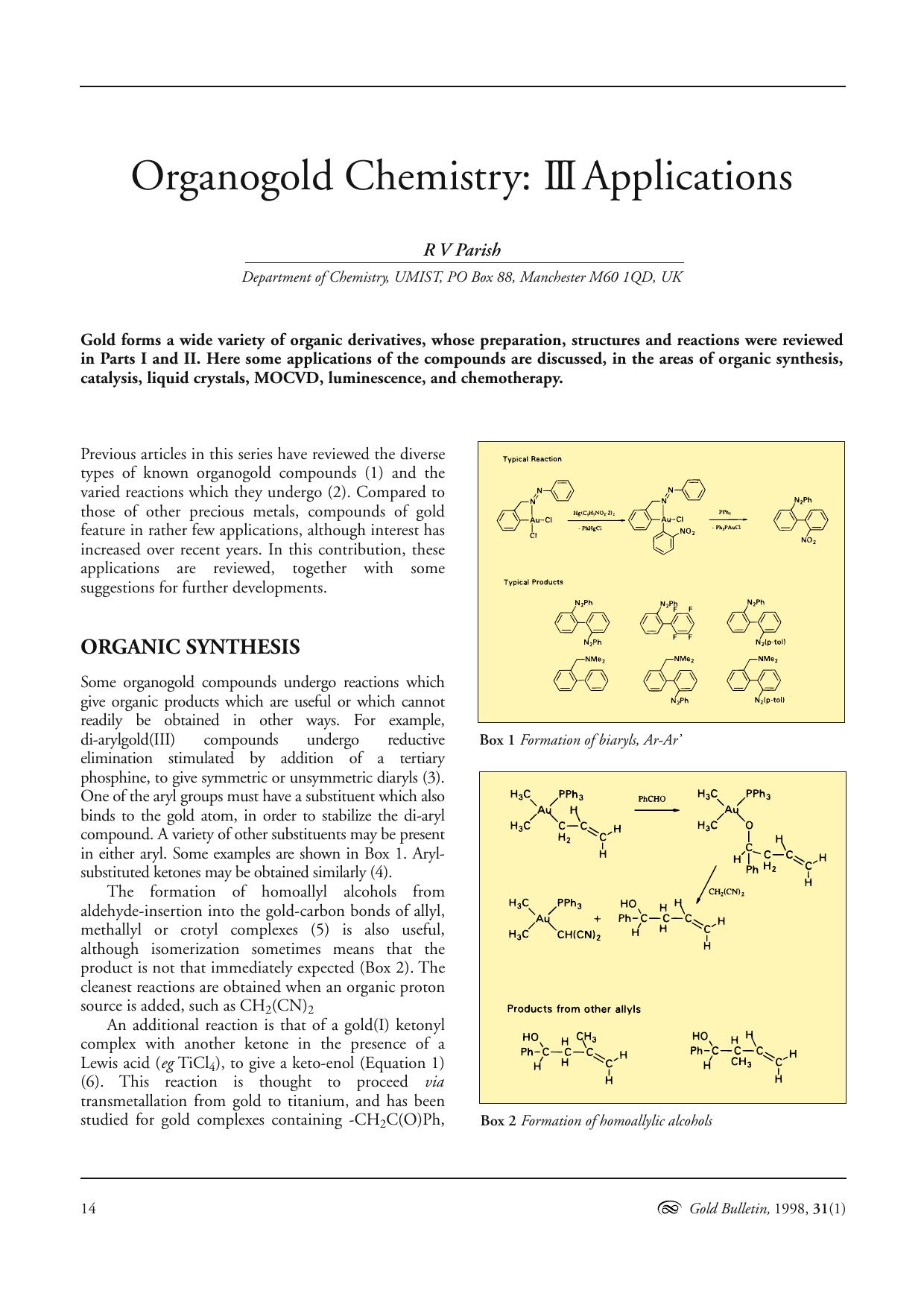 Organogold chemistry: III applications by Unknown