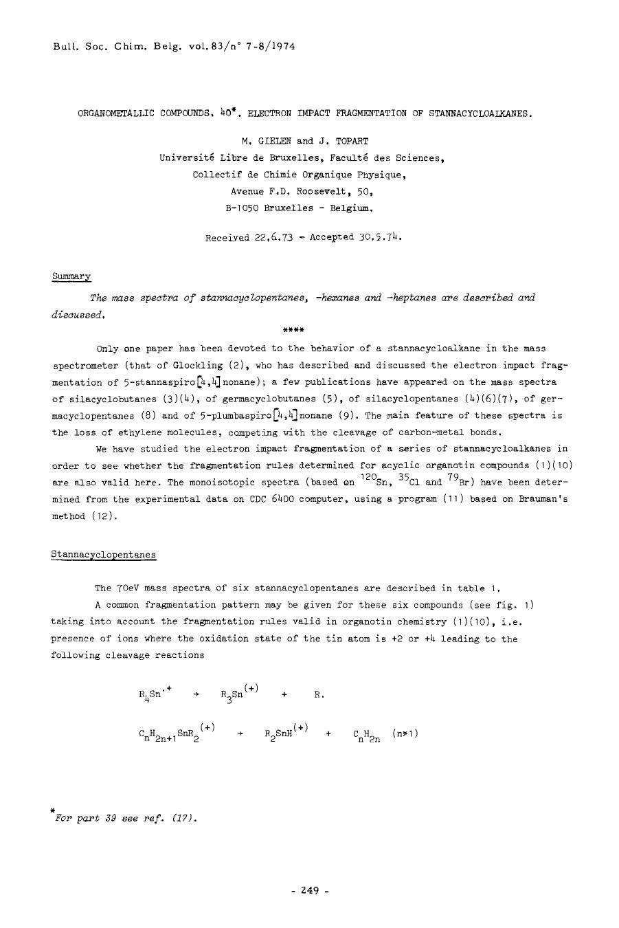 Organometallic Compounds. 40. Electron impact fragmentation of stannacycloalkanes by Unknown