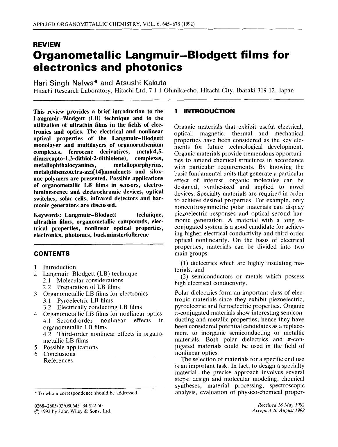 Organometallic Langmuir-Blodgett films for electronics and photonics by Unknown