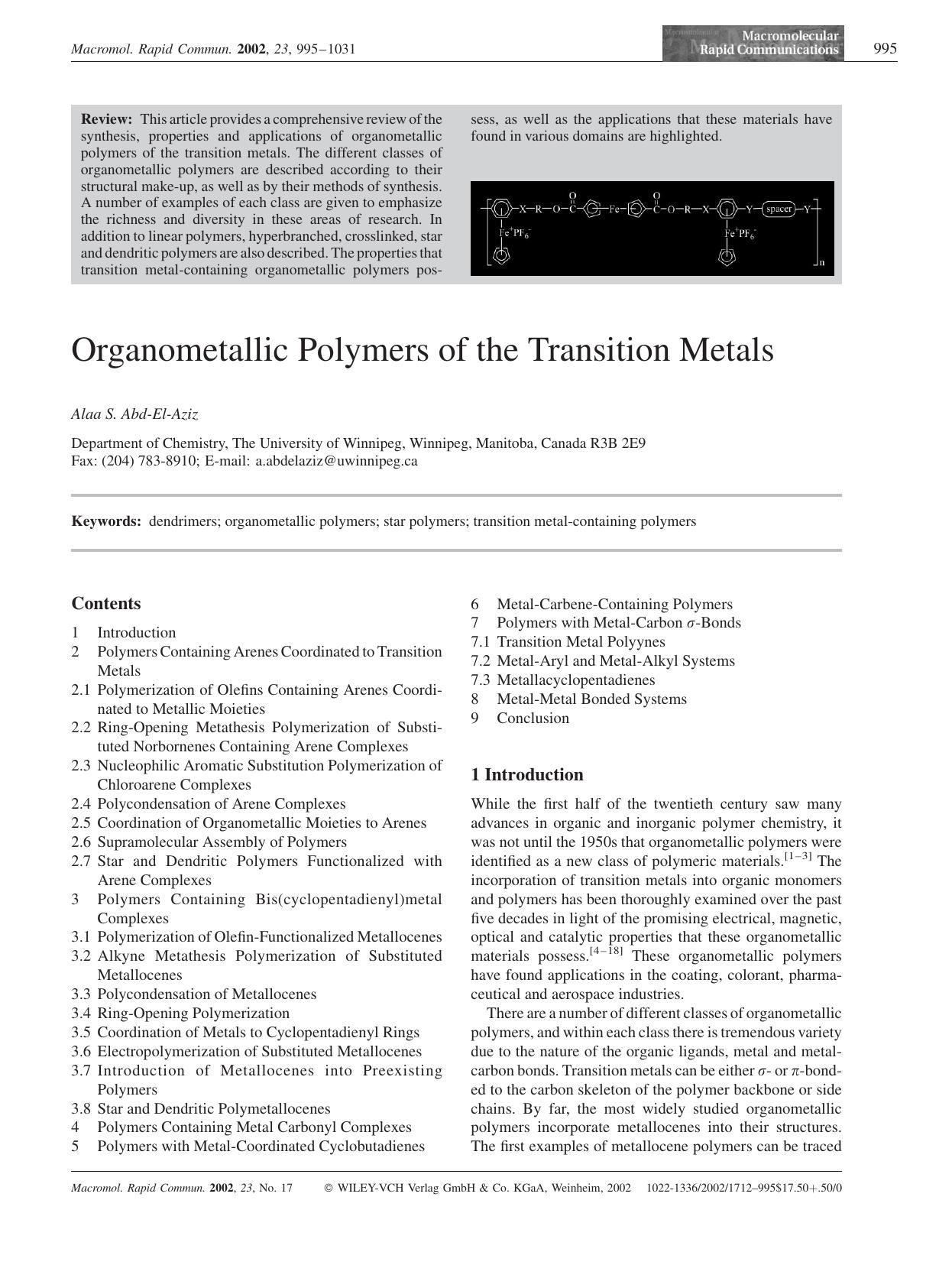 Organometallic Polymers of the Transition Metals by Unknown