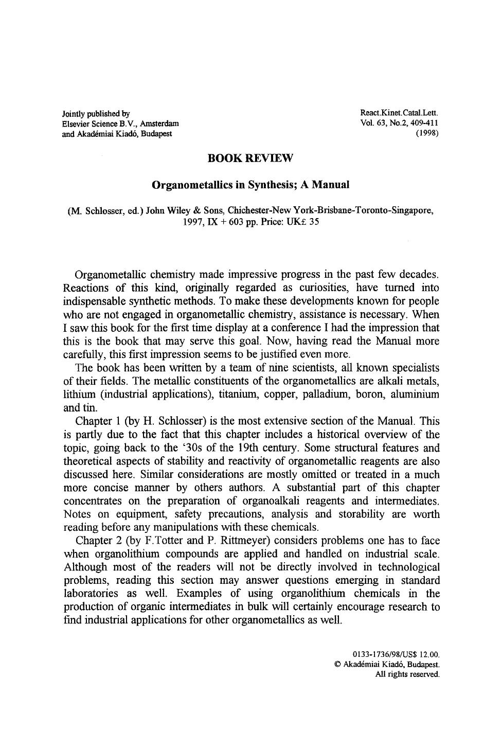 Organometallics in synthesis; a manual by Unknown