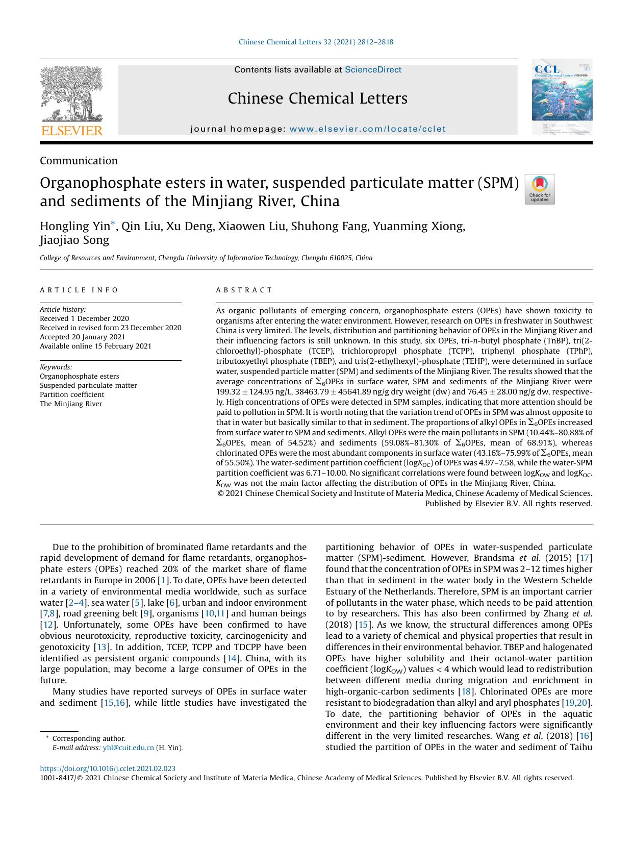 Organophosphate esters in water, suspended particulate matter (SPM) and sediments of the Minjiang River, China by Hongling Yin & Qin Liu & Xu Deng & Xiaowen Liu & Shuhong Fang & Yuanming Xiong & Jiaojiao Song