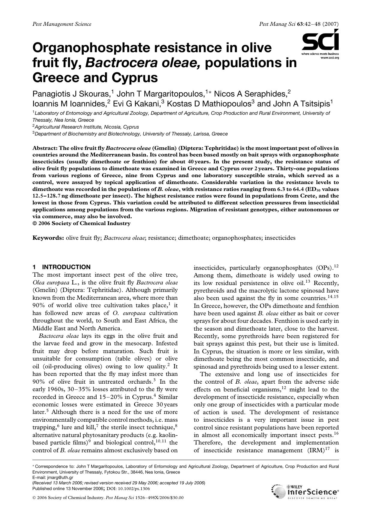 Organophosphate resistance in olive fruit fly, Bactrocera oleae, populations in Greece and Cyprus by Unknown
