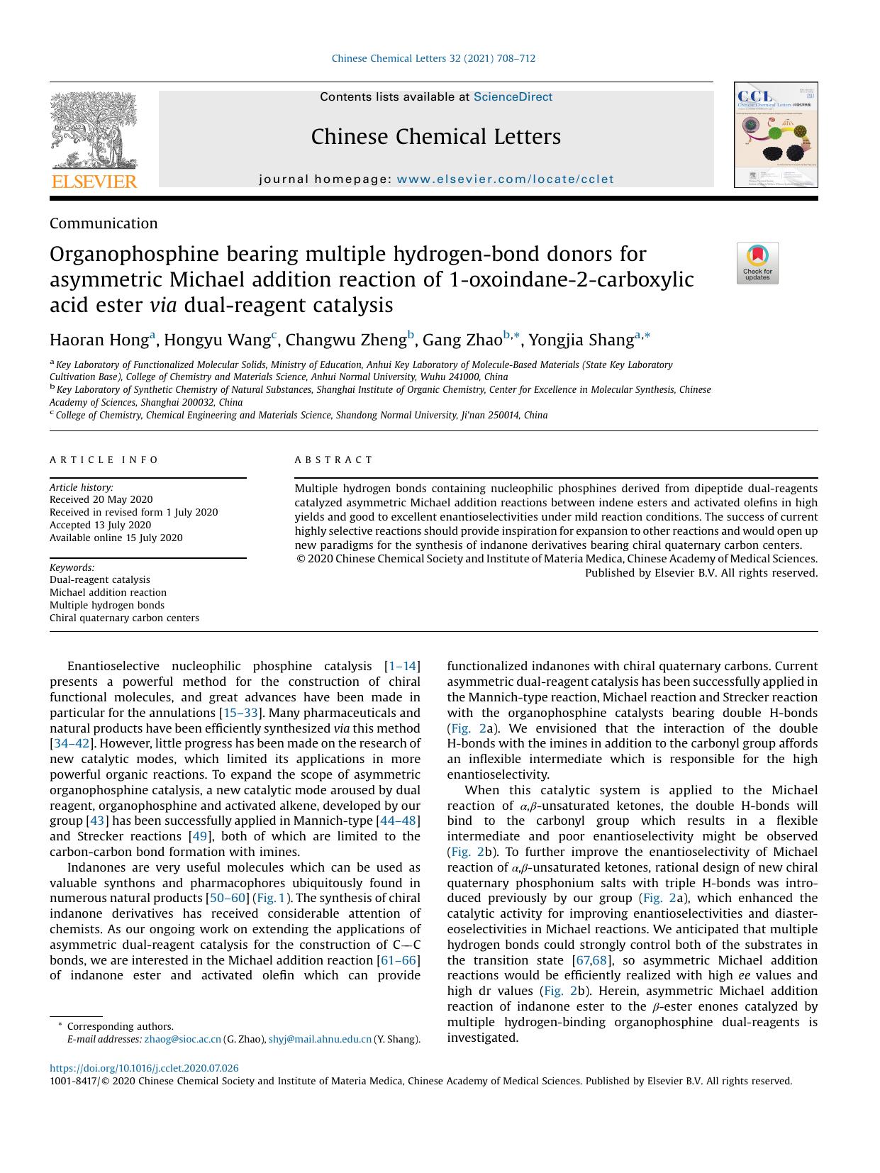 Organophosphine bearing multiple hydrogen-bond donors for asymmetric Michael addition reaction of 1-oxoindane-2-carboxylic acid ester via dual-reagent catalysis by Haoran Hong & Hongyu Wang & Changwu Zheng & Gang Zhao & Yongjia Shang