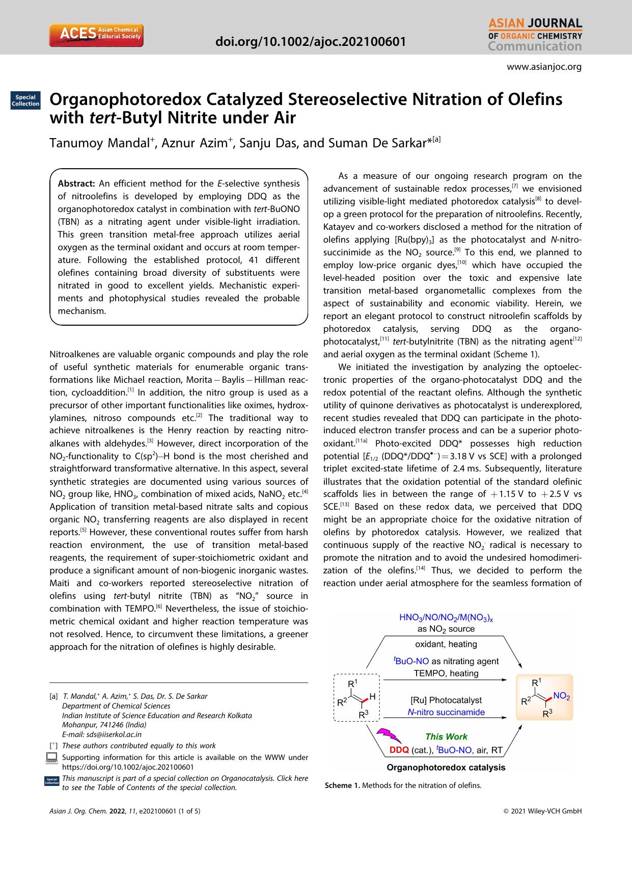 Organophotoredox Catalyzed Stereoselective Nitration of Olefins with tertâButyl Nitrite under Air by Unknown