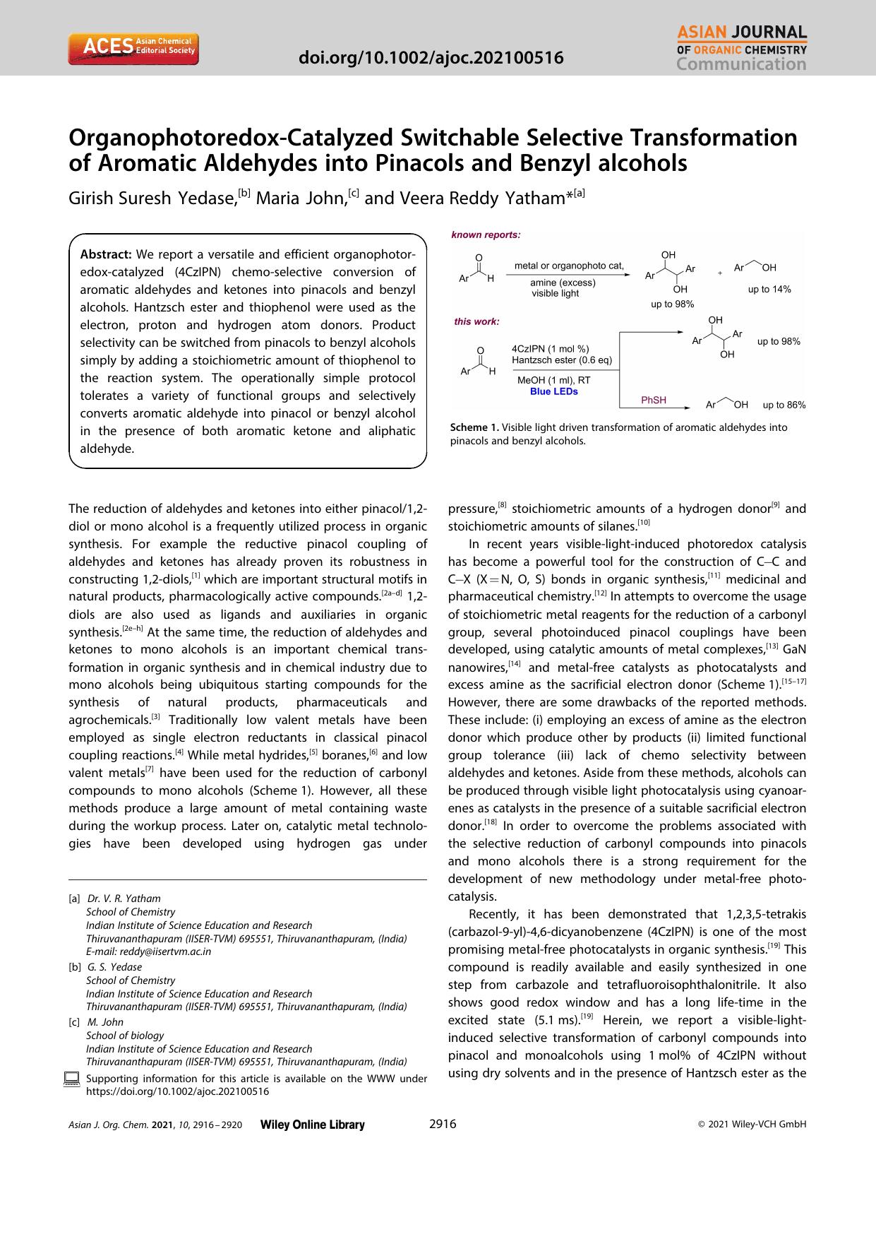 OrganophotoredoxâCatalyzed Switchable Selective Transformation of Aromatic Aldehydes into Pinacols and Benzyl alcohols by Unknown
