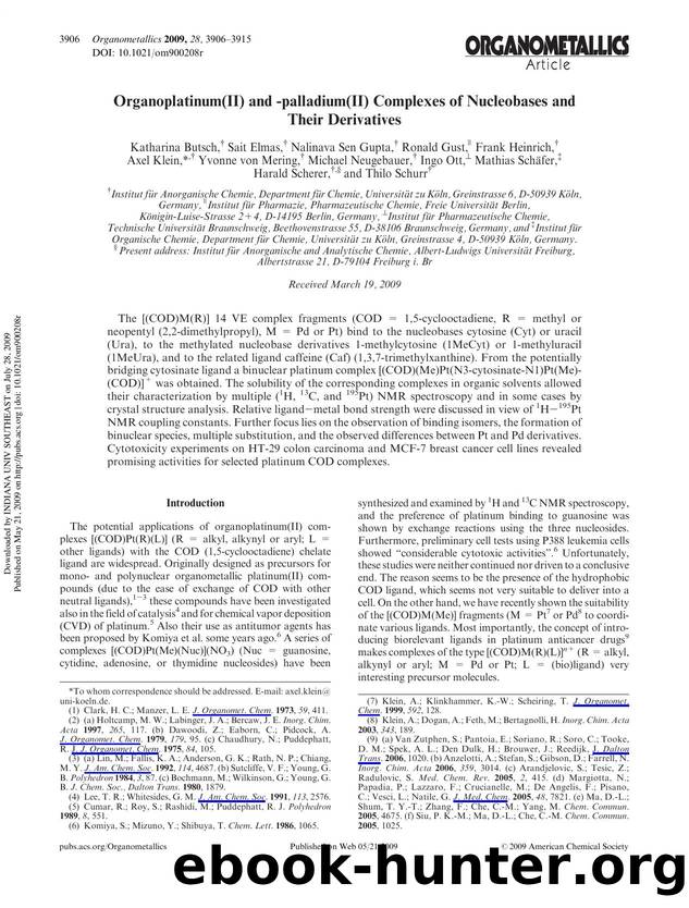 Organoplatinum(II) and -palladium(II) Complexes of Nucleobases and Their Derivatives by unknow