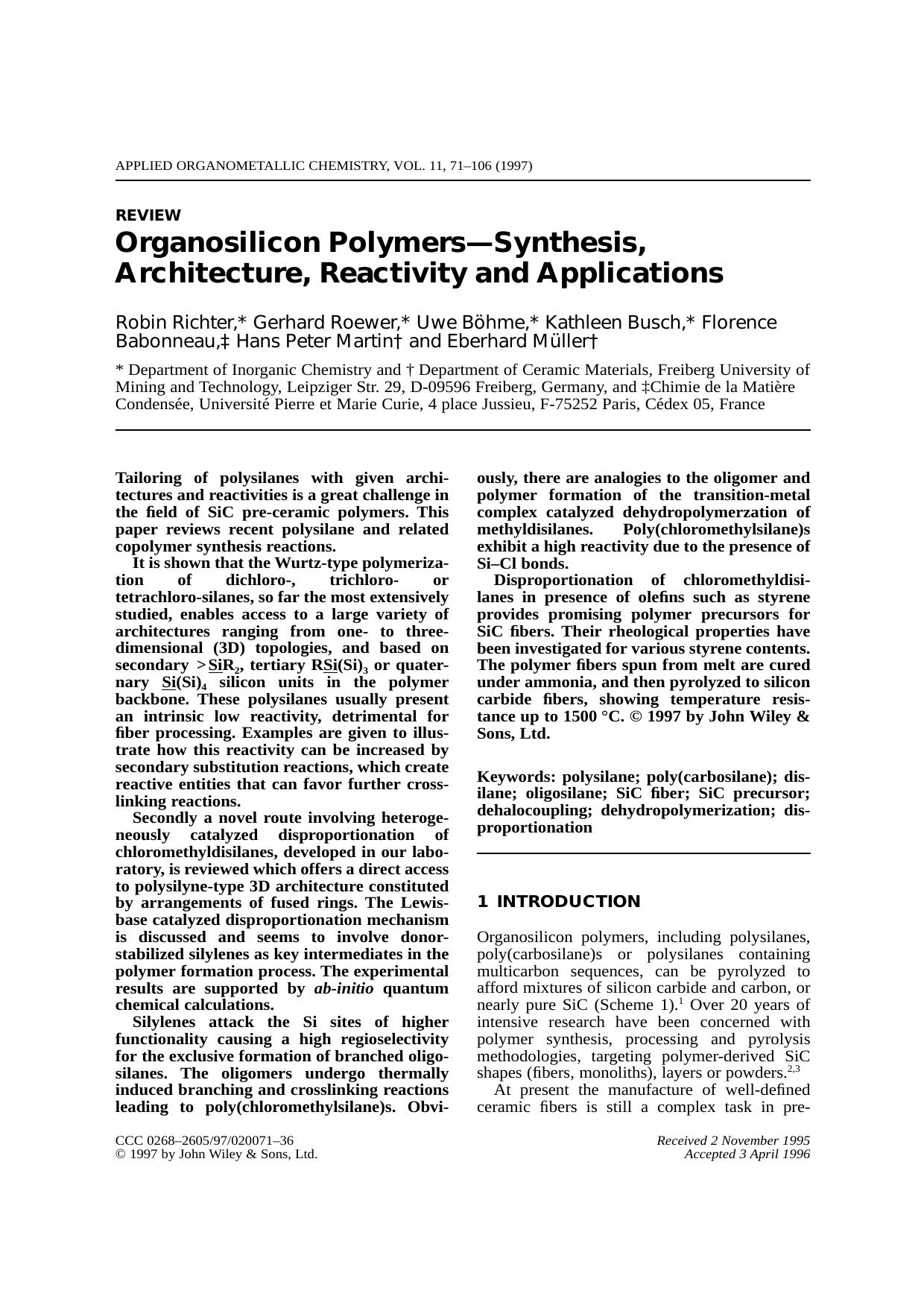 Organosilicon Polymers-Synthesis, Architecture, Reactivity and Applications by Unknown