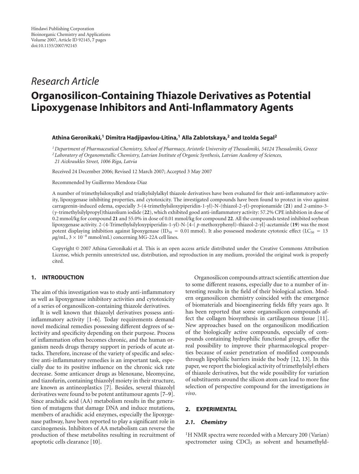 Organosilicon-Containing Thiazole Derivatives as Potential Lipoxygenase Inhibitors and Anti-Inflammatory Agents by Athina Geronikaki et al