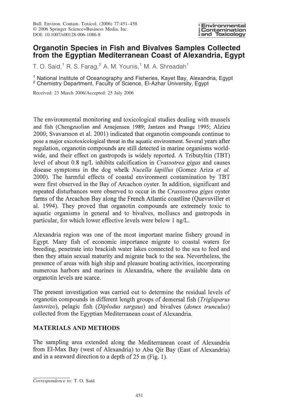 Organotin Species in Fish and Bivalves Samples Collected from the Egyptian Mediterranean Coast of Alexandria, Egypt by Said & T. O. & et al