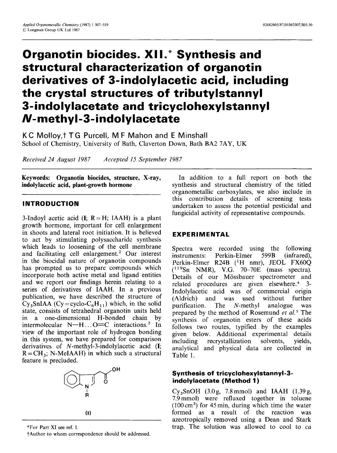 Organotin biocides. XII. Synthesis and structural characterization of organotin derivatives of 3-indolylacetic acid, including the crystal structures of tributylstannyl 3-indolylac by Unknown