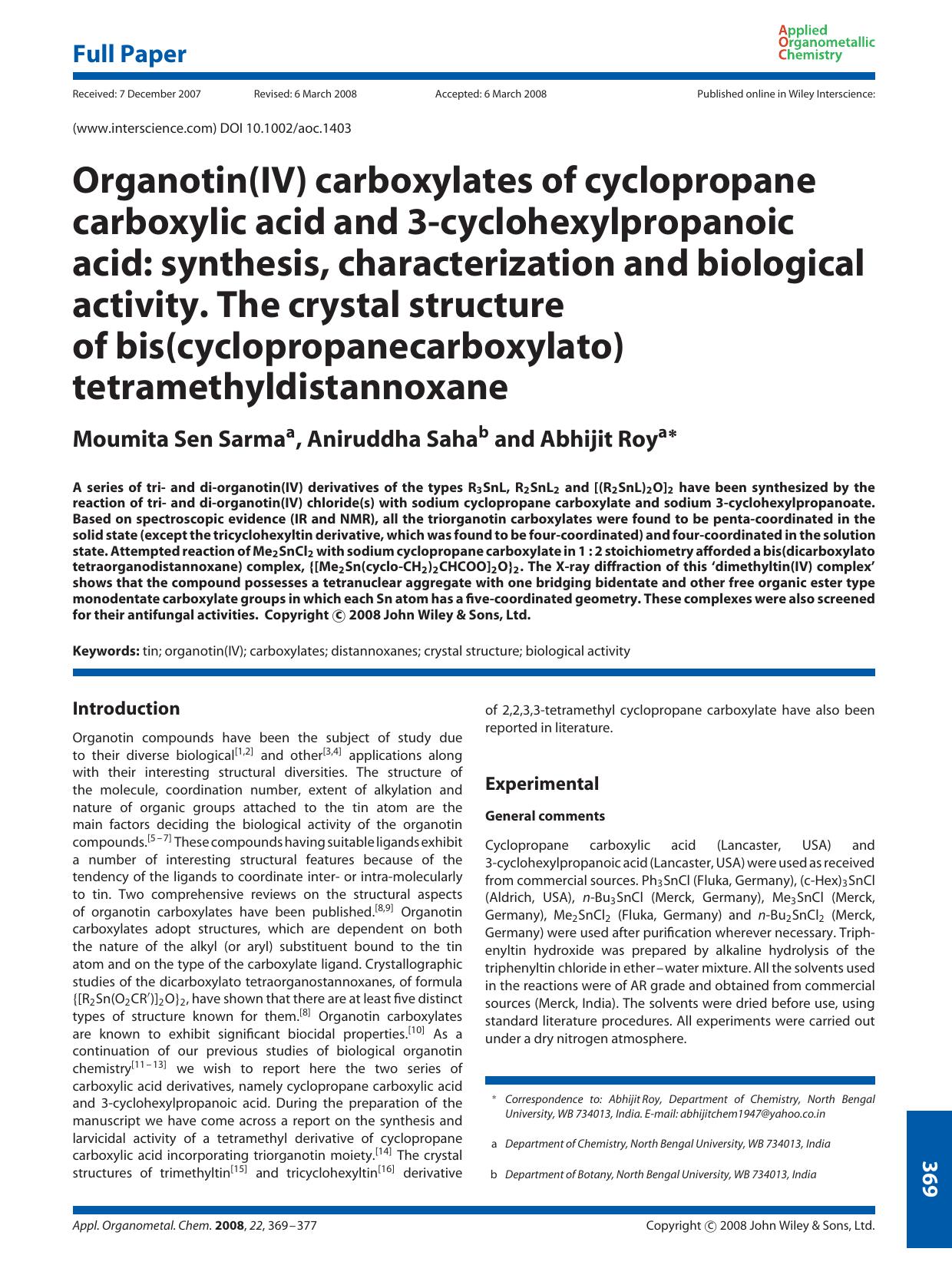 Organotin(IV) carboxylates of cyclopropane carboxylic acid and 3-cyclohexylpropanoic acid: synthesis, characterization and biological activity. The crystal structure of bis(cyclopr by Unknown