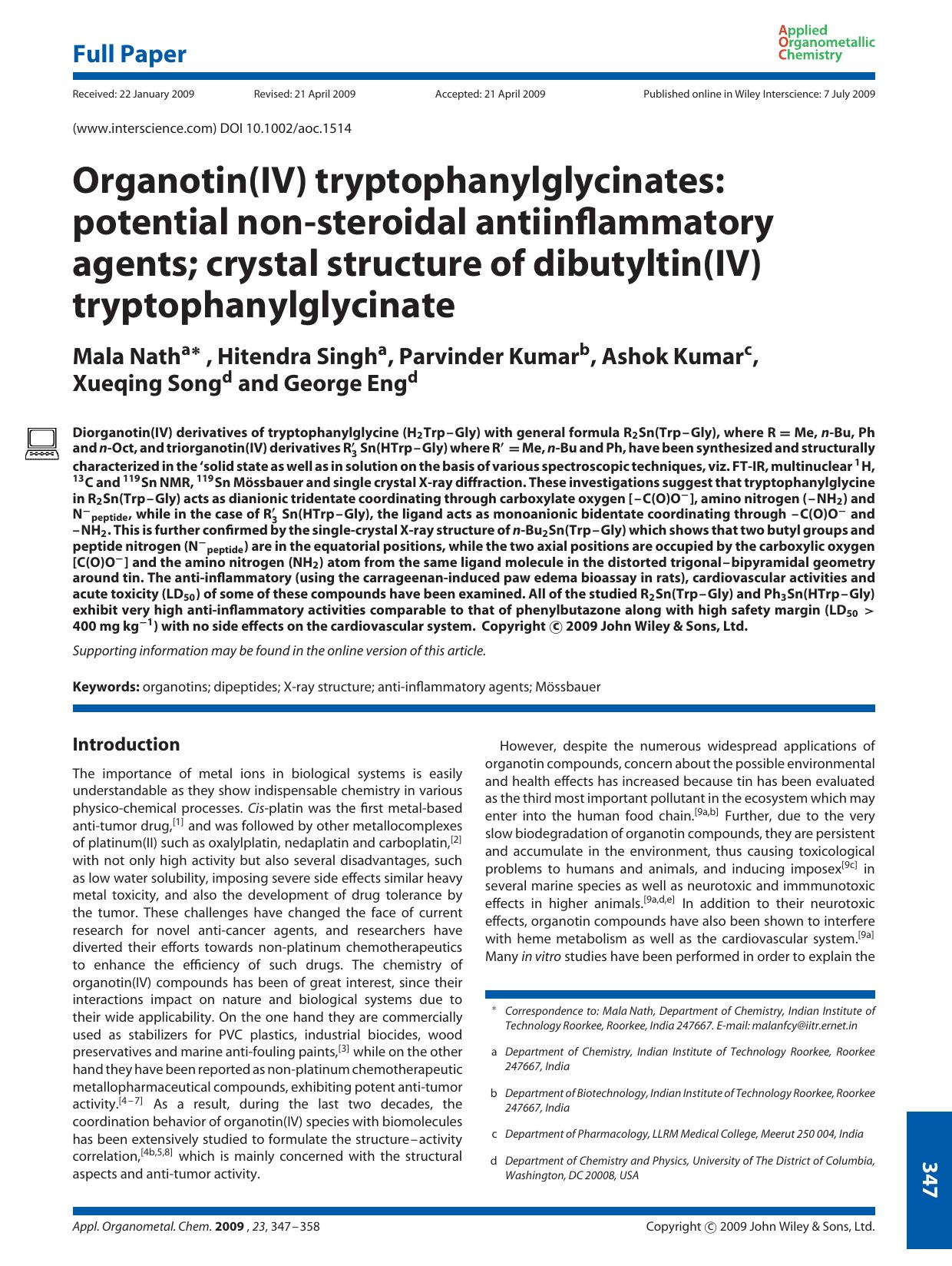 Organotin(IV) tryptophanylglycinates: potential non-steroidal antiinflammatory agents; crystal structure of dibutyltin(IV) tryptophanylglycinate by Unknown
