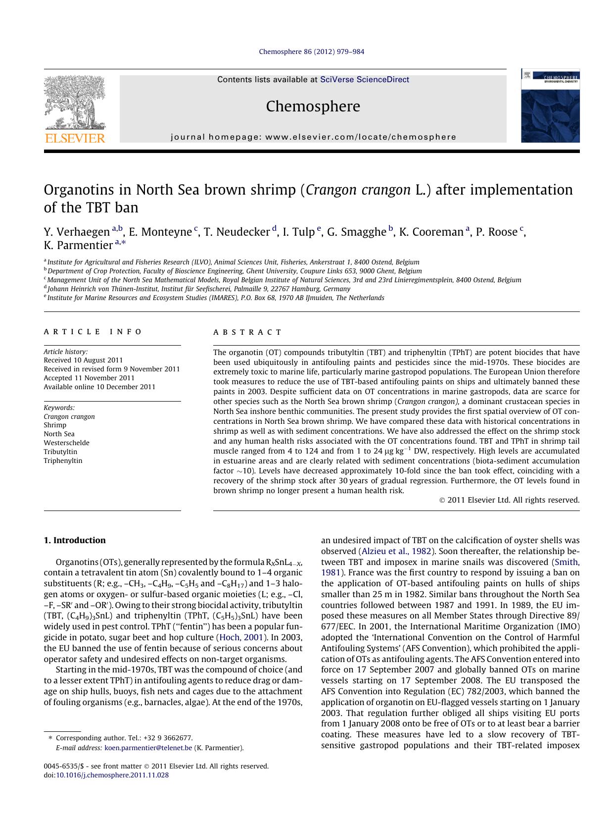 Organotins in North Sea brown shrimp (Crangon crangon L.) after implementation of the TBT ban by unknow
