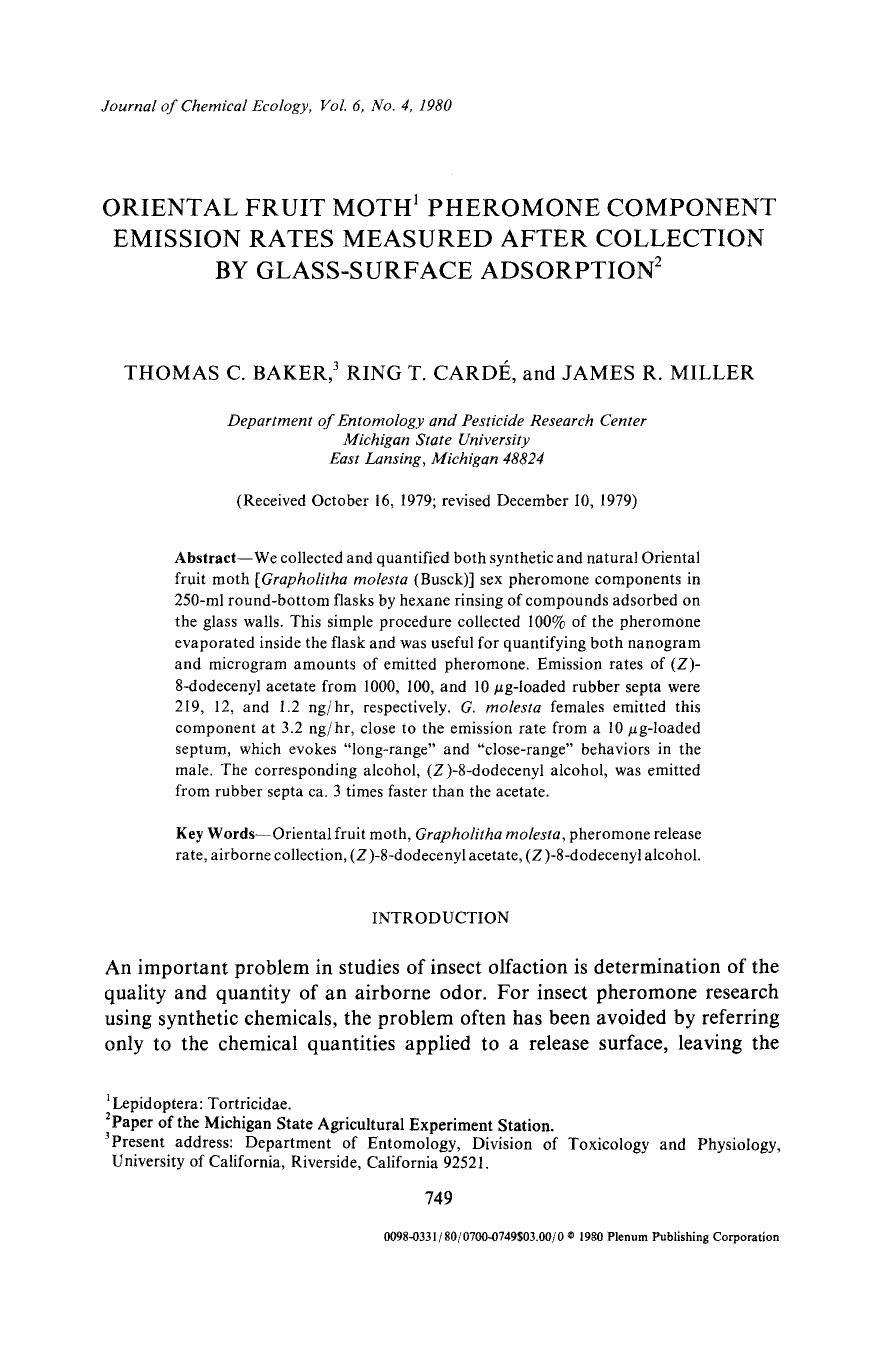 Oriental fruit moth pheromone component emission rates measured after collection by glass-surface adsorption by Unknown