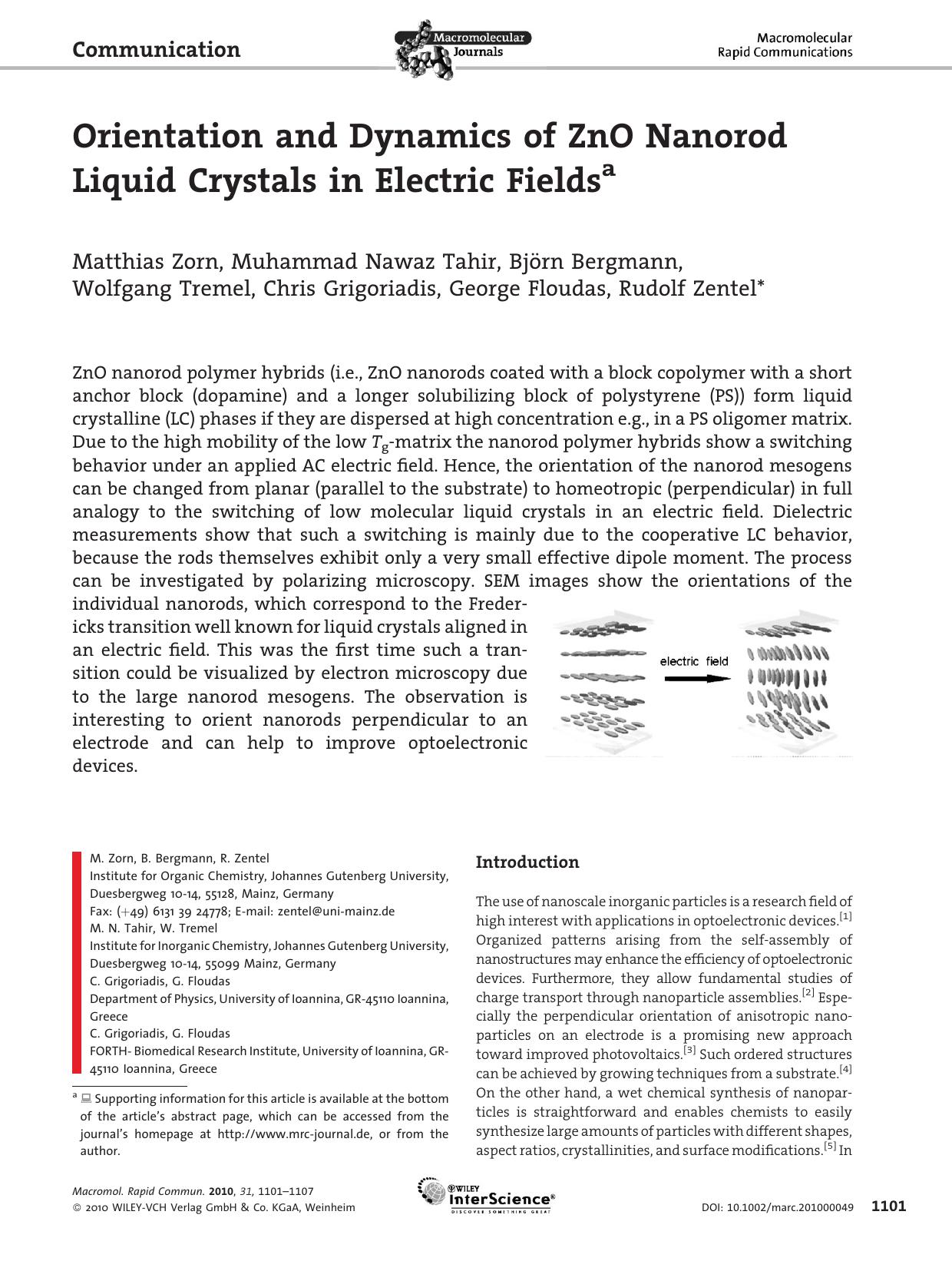 Orientation and Dynamics of ZnO Nanorod Liquid Crystals in Electric Fields by Unknown