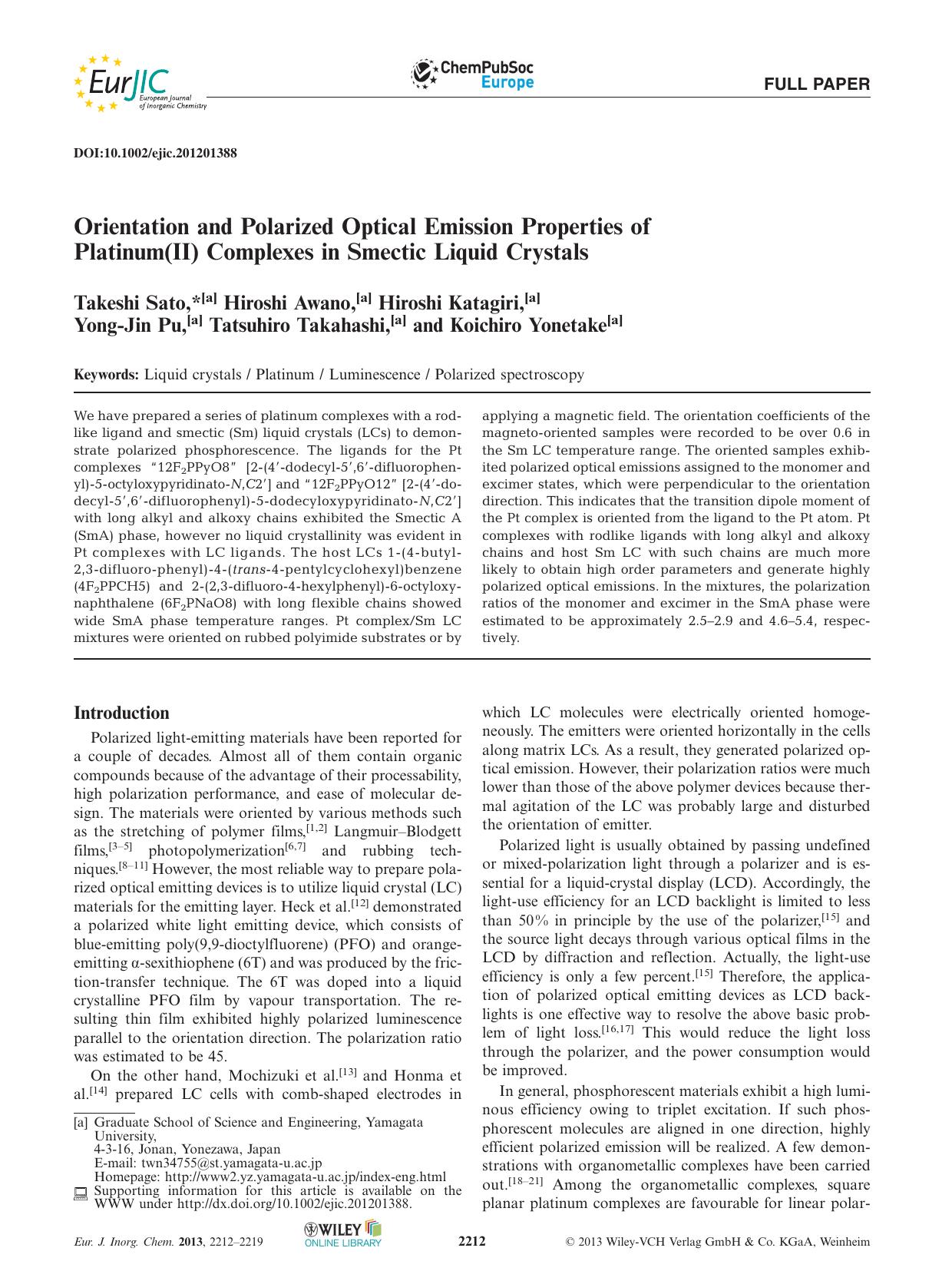 Orientation and Polarized Optical Emission Properties of Platinum(II) Complexes in Smectic Liquid Crystals by Unknown