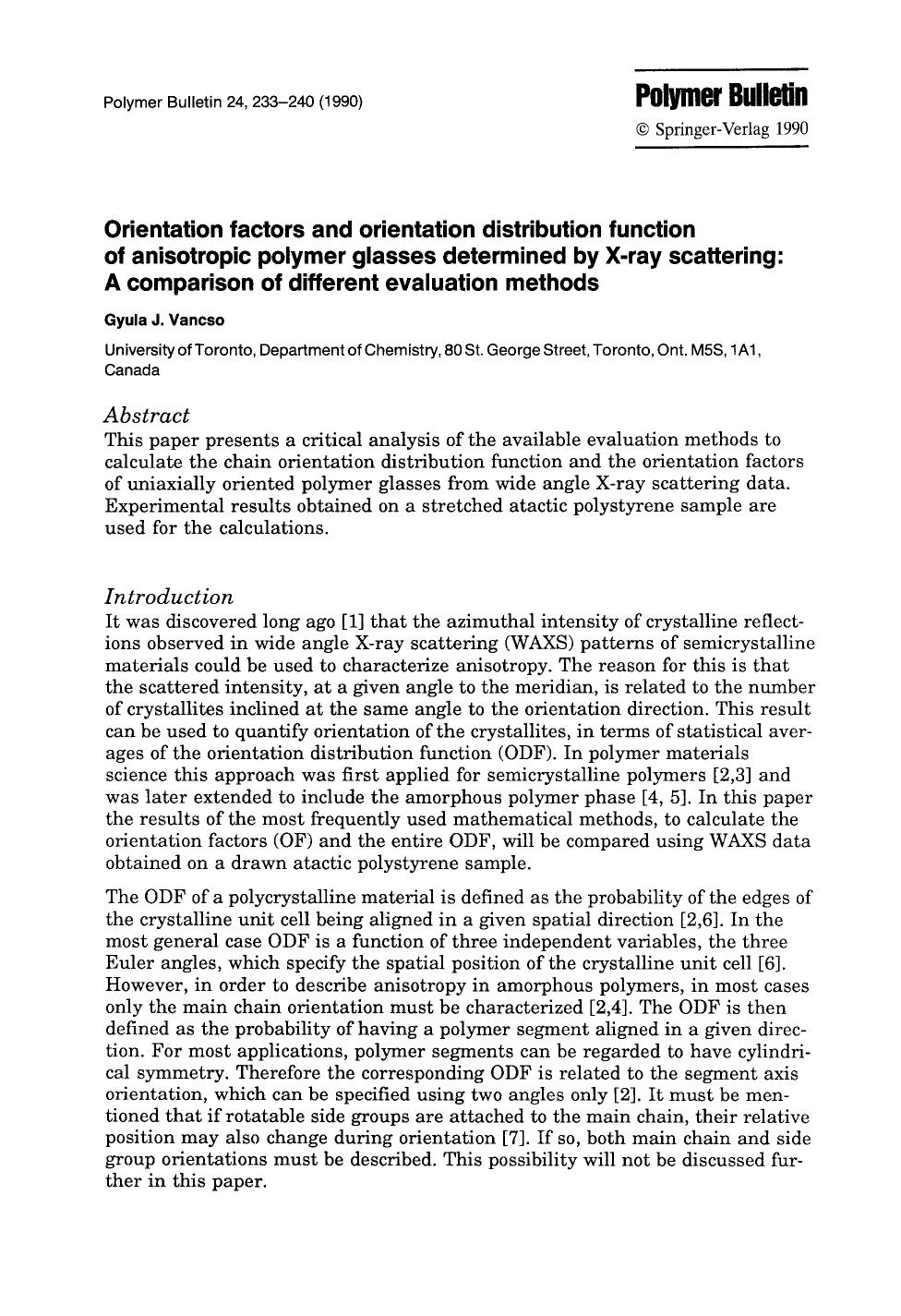 Orientation factors and orientation distribution function of anisotropic polymer glasses determined by X-ray scattering: A comparison of different evaluation methods by Unknown