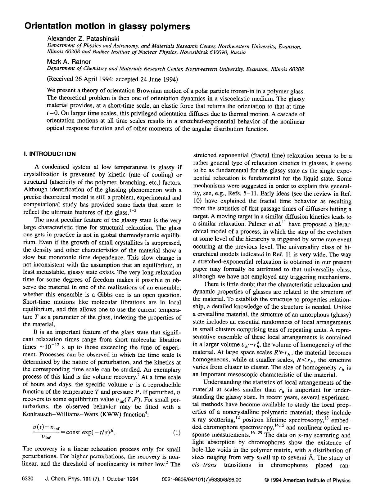 Orientation motion in glassy polymers by Alexander Z. Patashinski; Mark A. Ratner