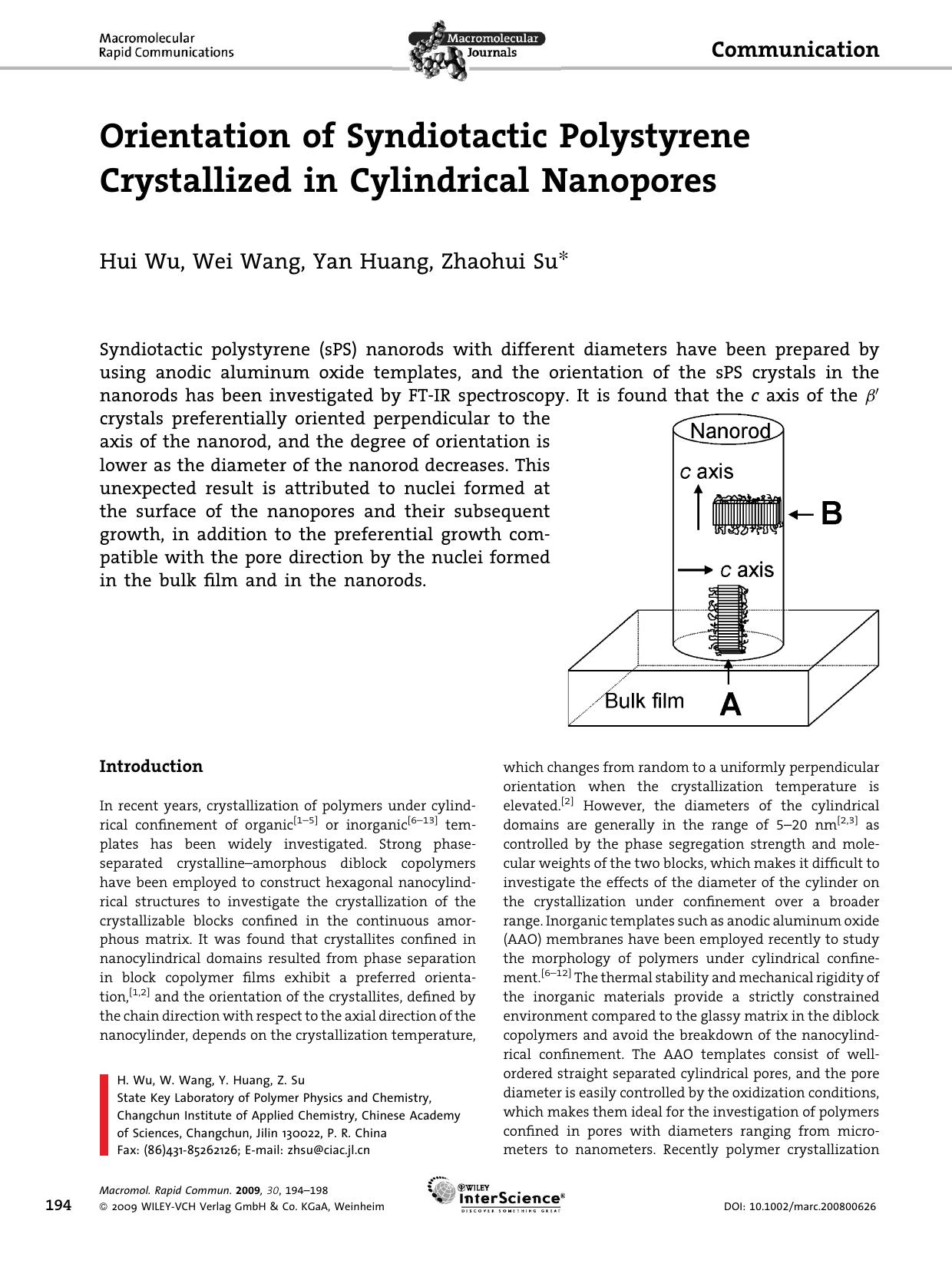Orientation of Syndiotactic Polystyrene Crystallized in Cylindrical Nanopores by Unknown