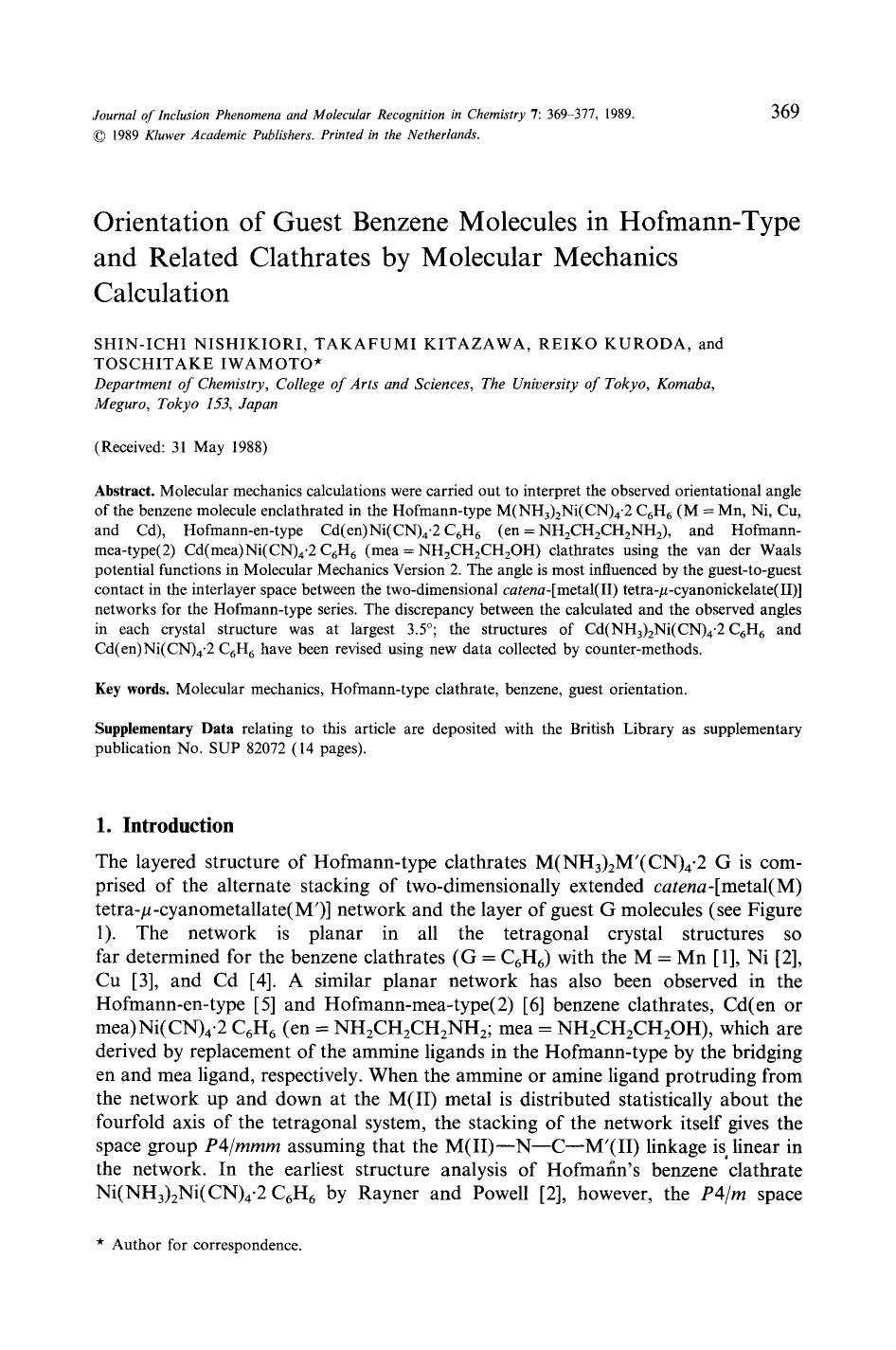 Orientation of guest benzene molecules in Hofmann-type and related clathrates by molecular mechanics calculation by Unknown